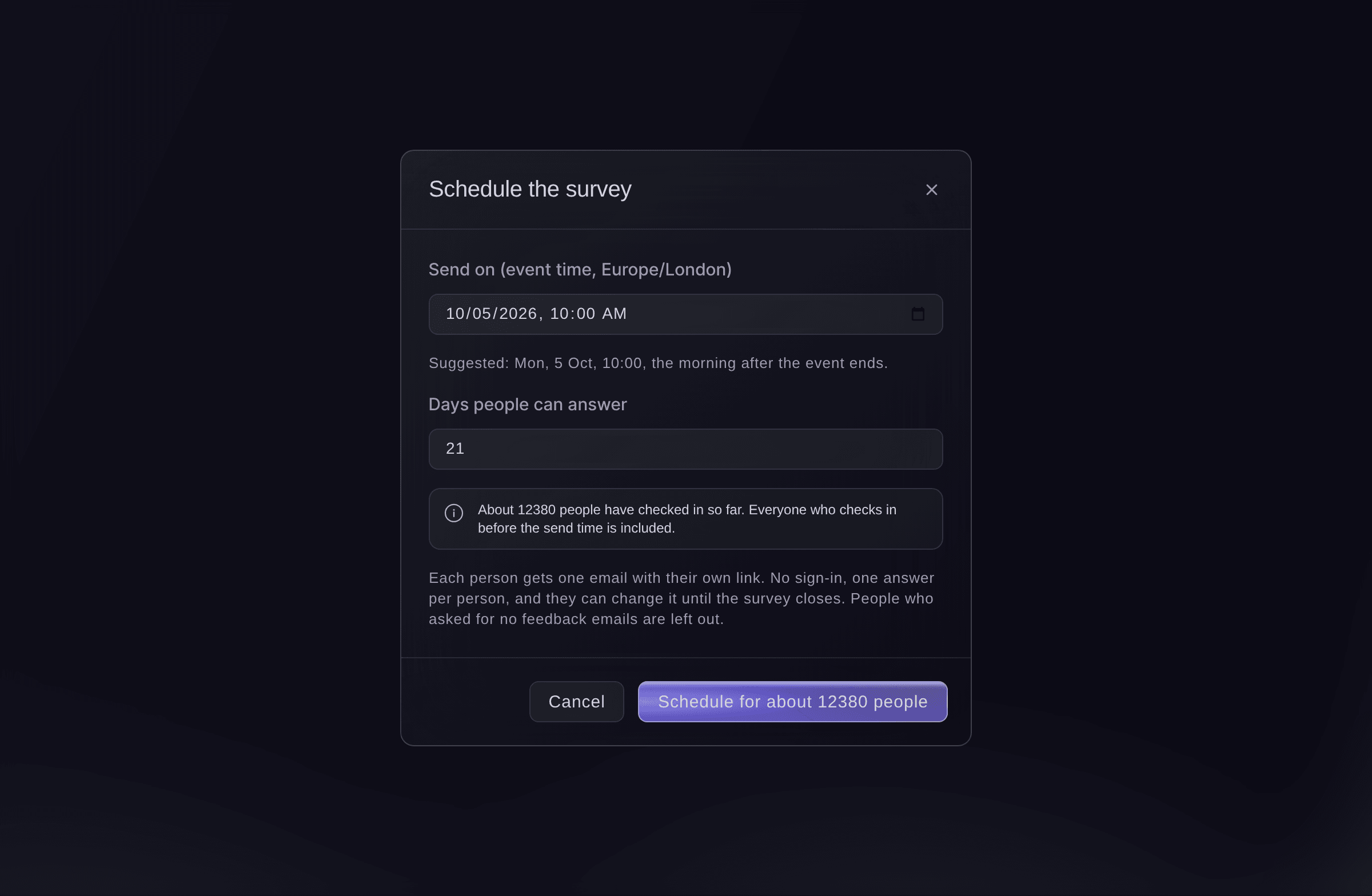 Ticket Fairy dialog to schedule a feedback survey, with the send time the morning after the event, the days people can answer and about how many people it reaches