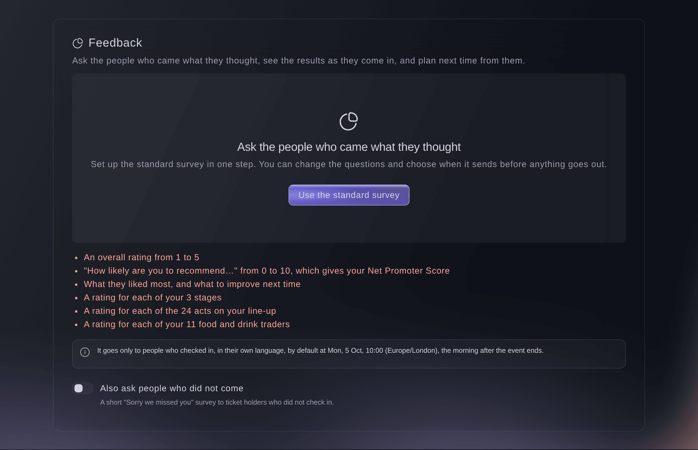 Ticket Fairy Feedback section before a survey is set up, with what the standard survey asks and who it goes to