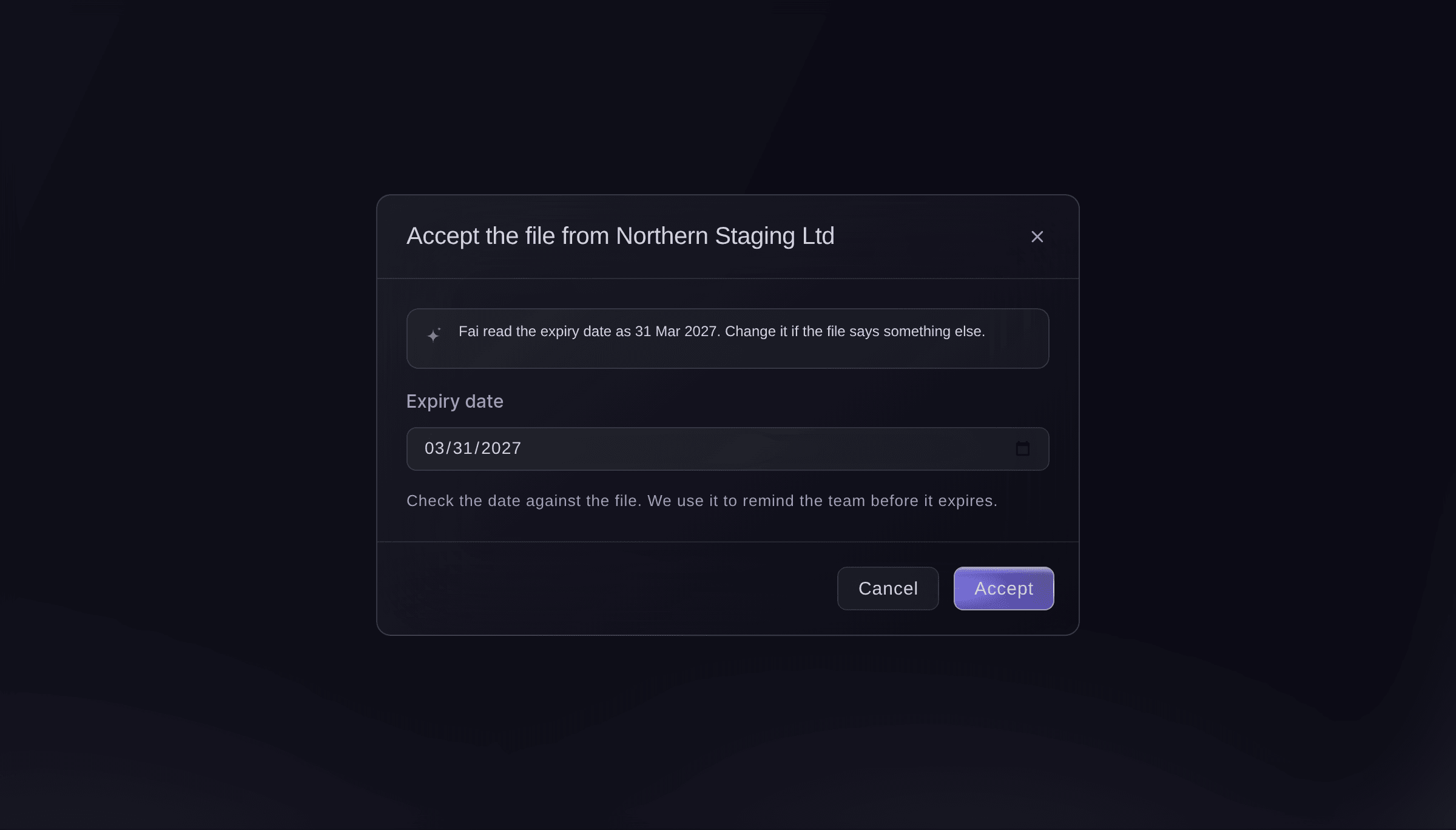 Ticket Fairy dialog to accept a supplier's insurance, with the expiry date to check and the date Fai read from the file