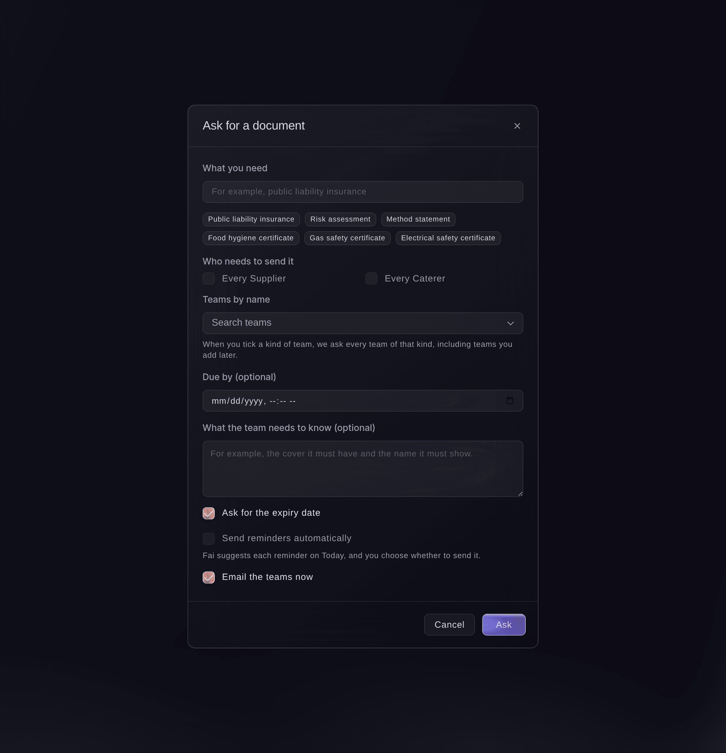 Ticket Fairy dialog to ask outside teams for a document, with what you need, which kinds of team or teams by name send it, the due date, instructions and reminders