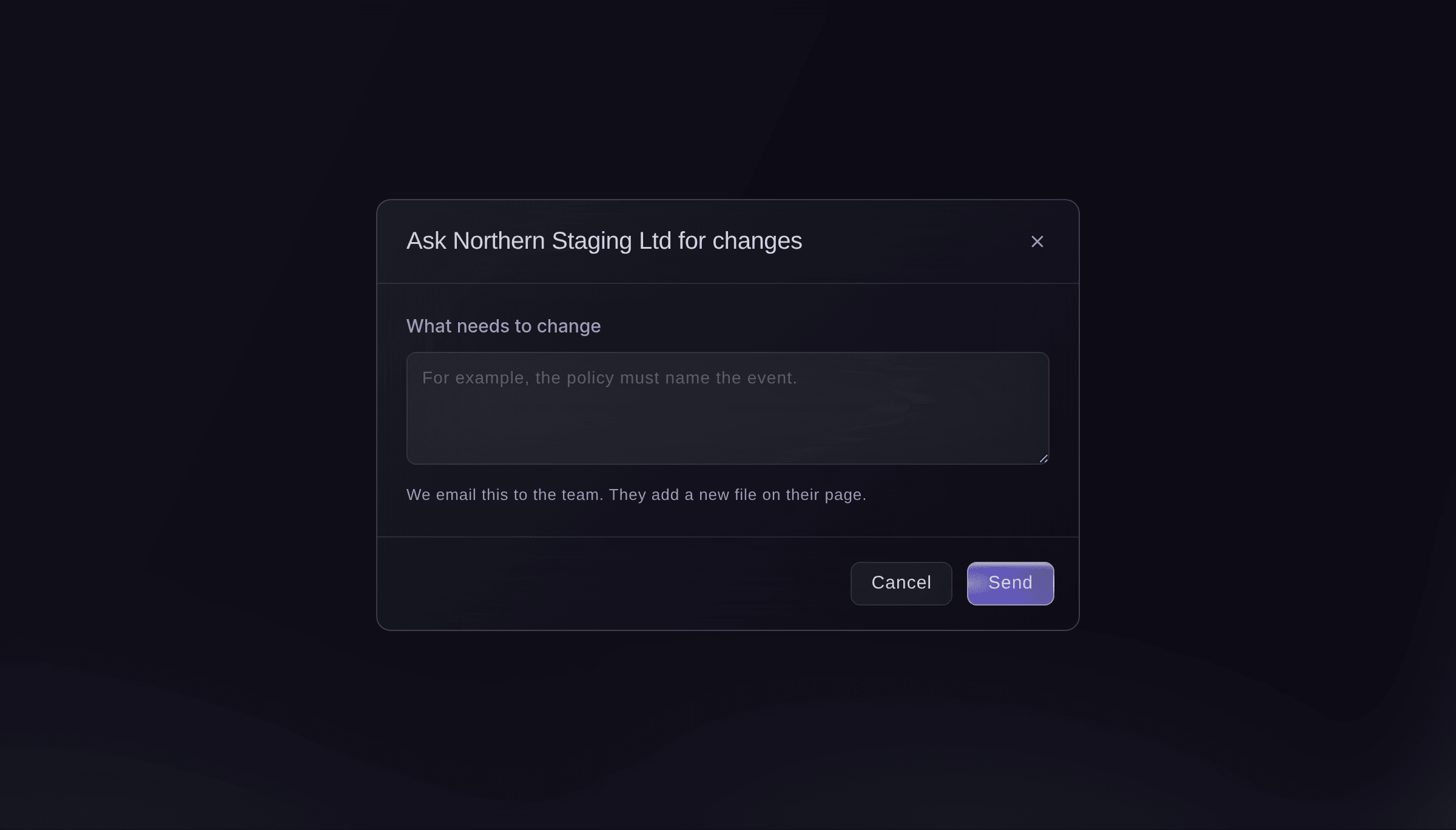 Ticket Fairy dialog to ask a supplier for changes to its insurance, with what needs to change