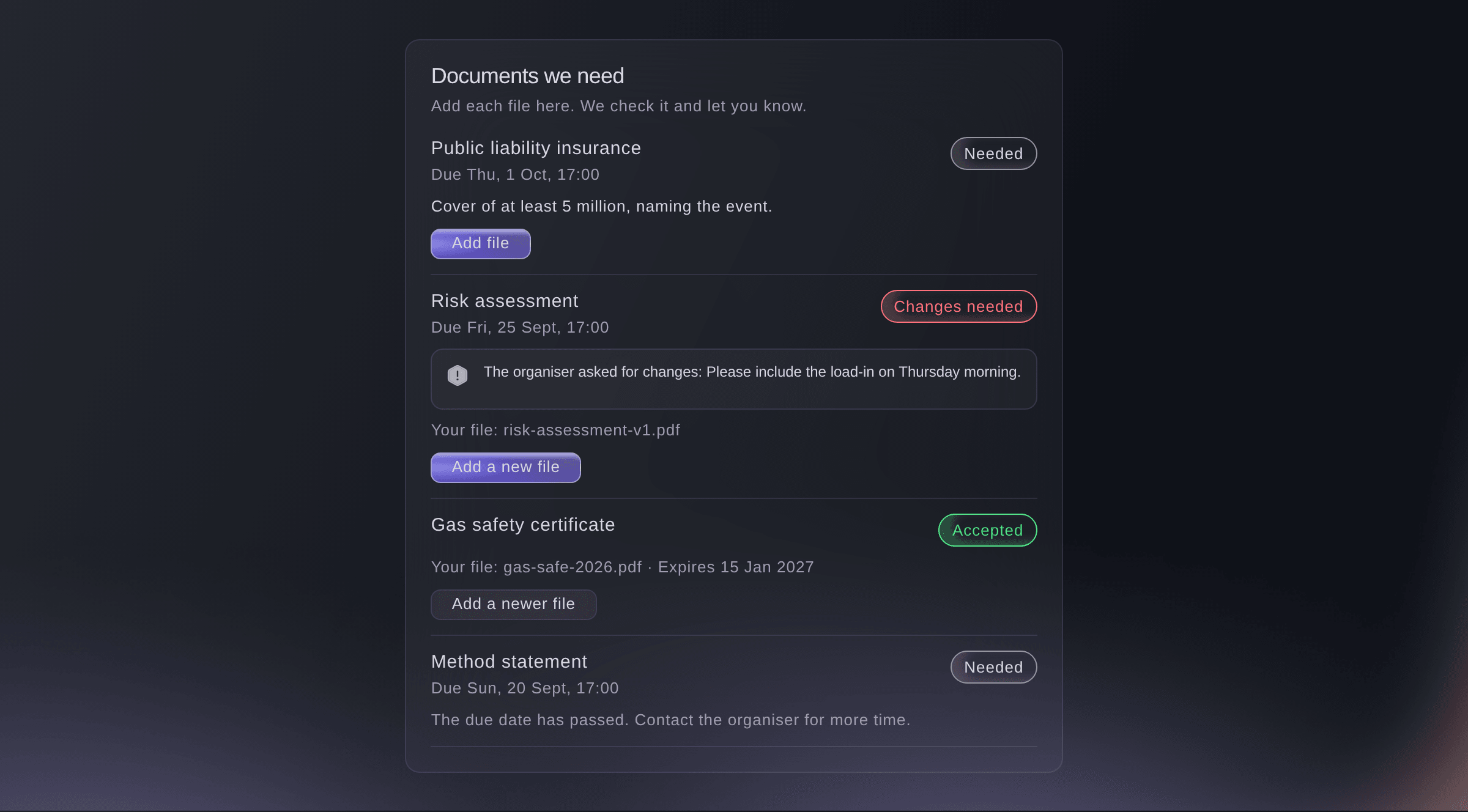 Ticket Fairy Documents we need section of an outside team's page, with each document asked for, its due date and status, and the button to add a file
