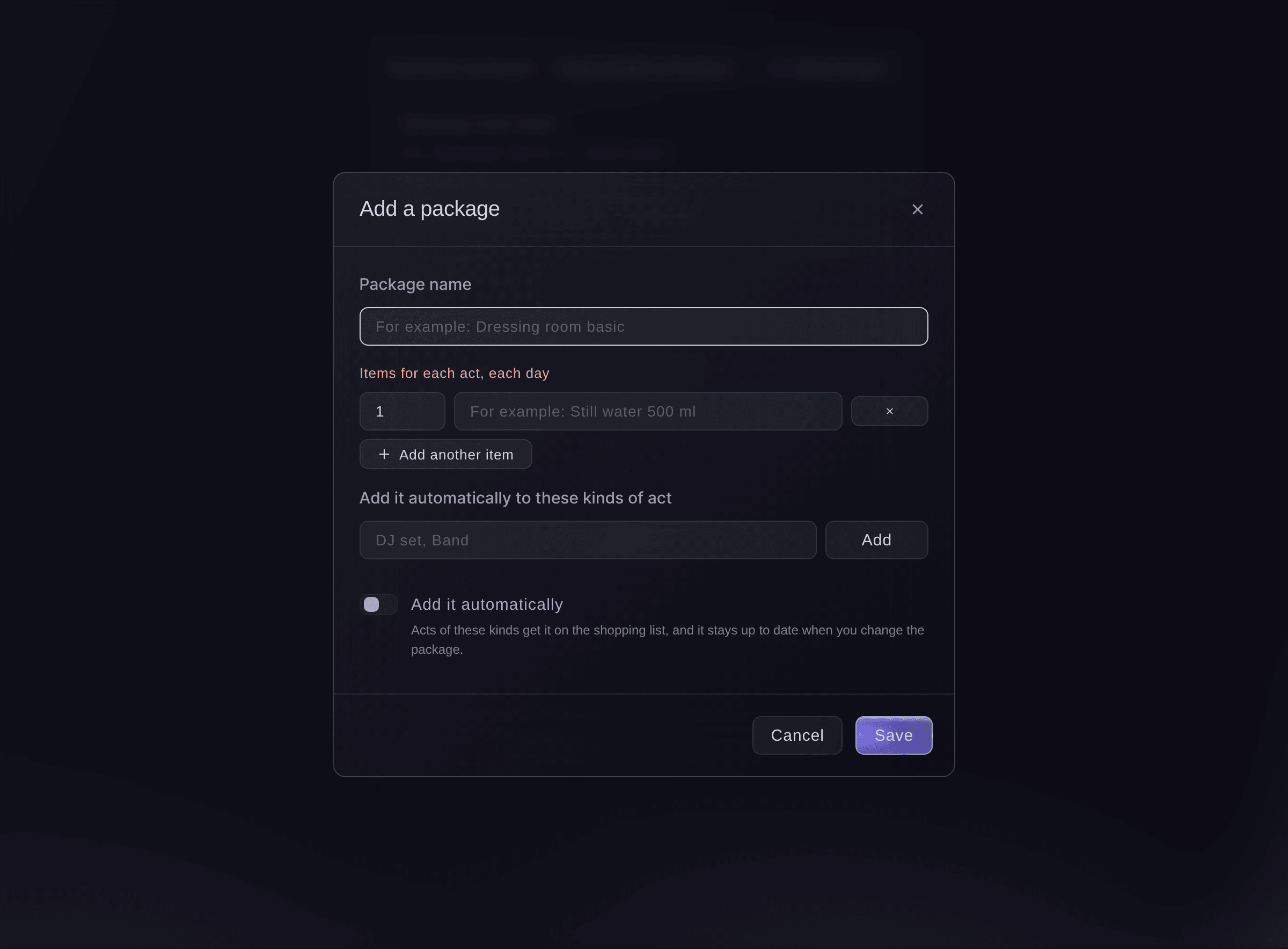 Ticket Fairy dialog to add a dressing-room package, with the items for each act each day and the kinds of act it is added to