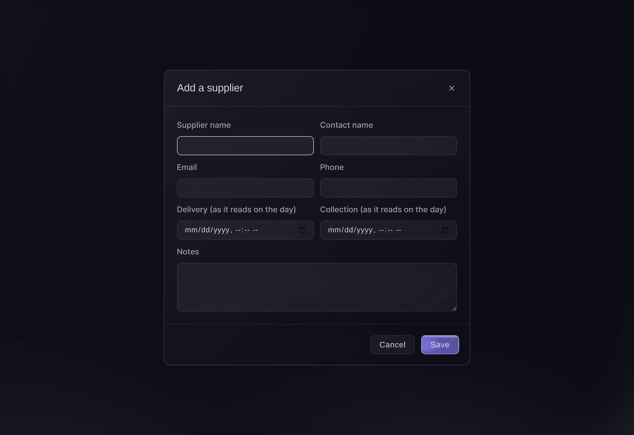Ticket Fairy dialog to add a hire supplier, with the contact, email, phone, and delivery and collection times