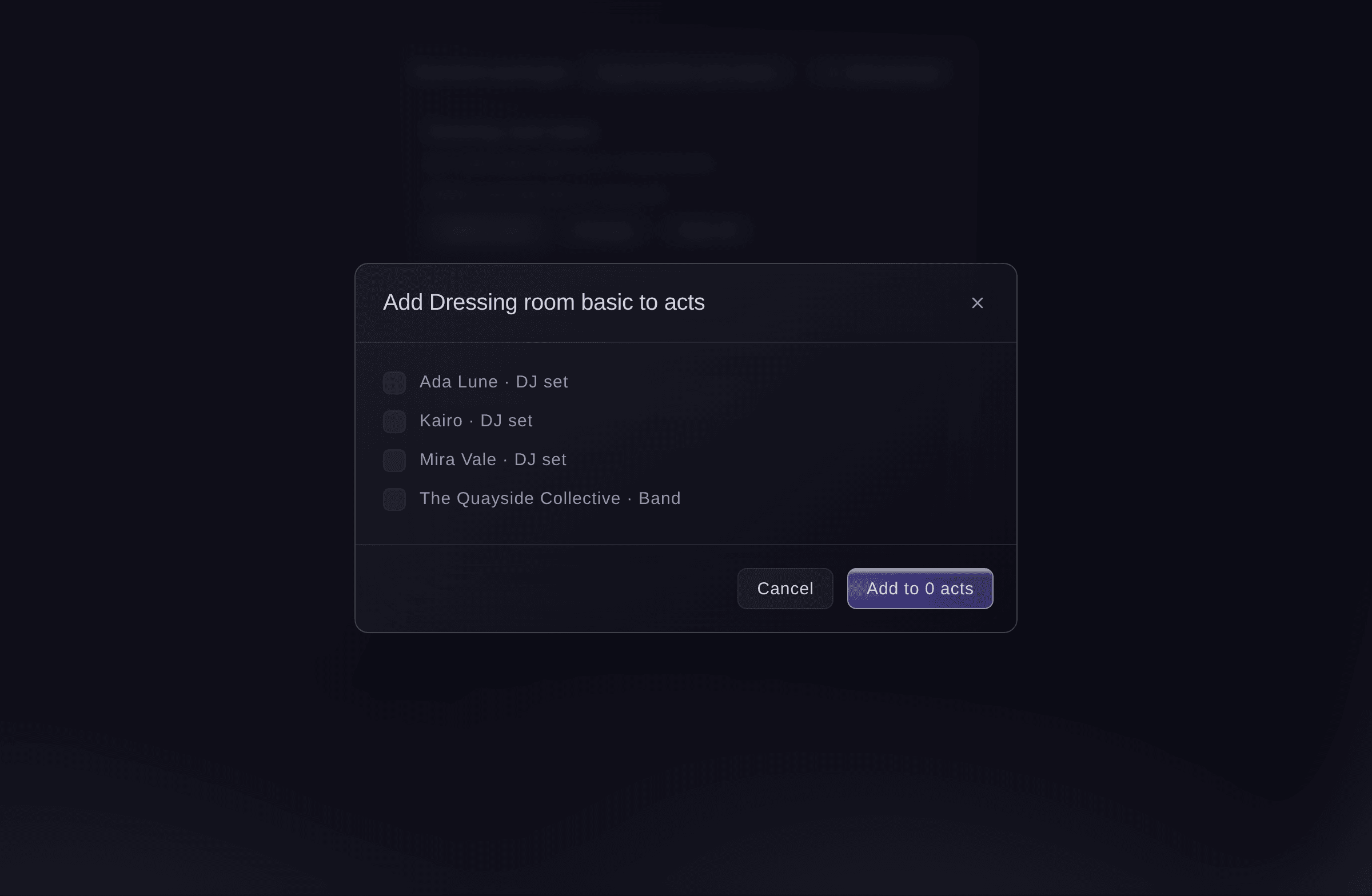 Ticket Fairy dialog to add a dressing-room package to the acts you tick