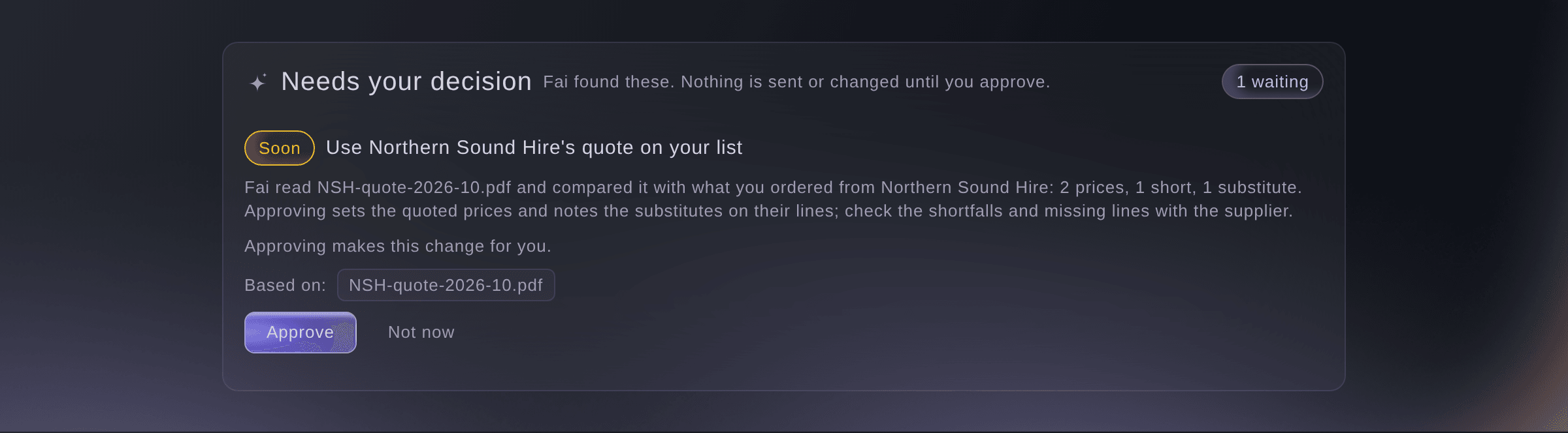 Ticket Fairy suggestion from Fai on the Today page to use a hire supplier's quote on the list, with the prices, shortfalls and substitutes she found