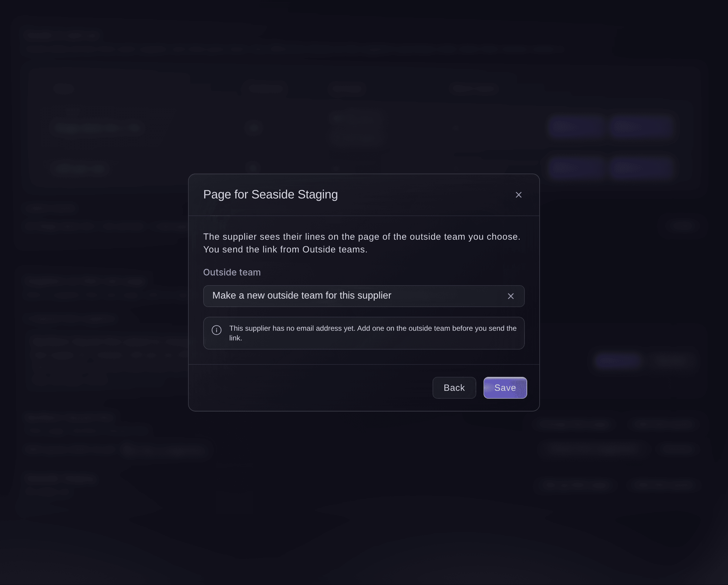 Ticket Fairy dialog to choose which outside team's page shows a hire supplier its lines, with the choice to make a new outside team for the supplier