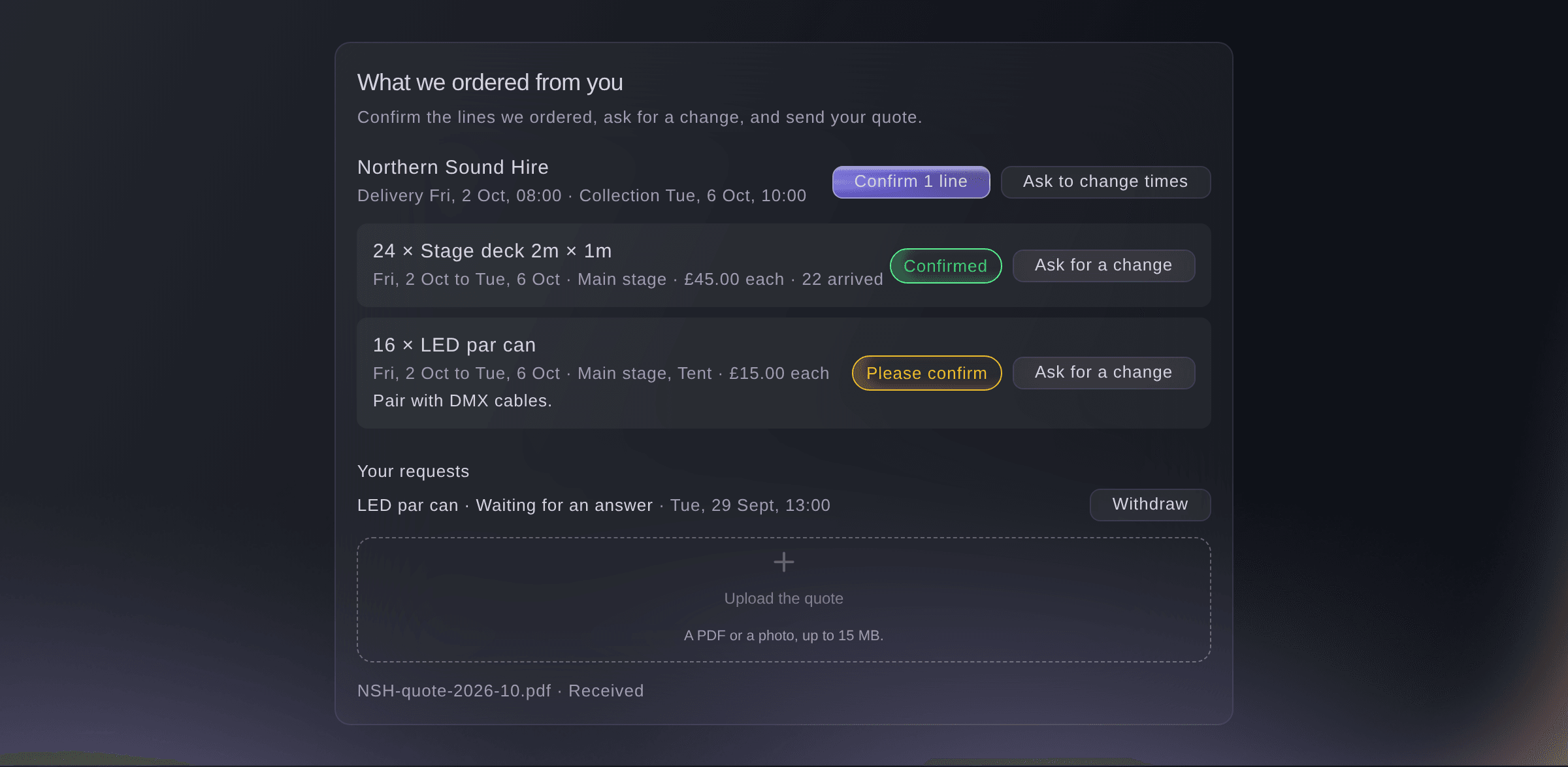 Ticket Fairy page a hire supplier opens from its link, with the lines ordered from it to confirm, requests to change a line or the times, and its quote upload