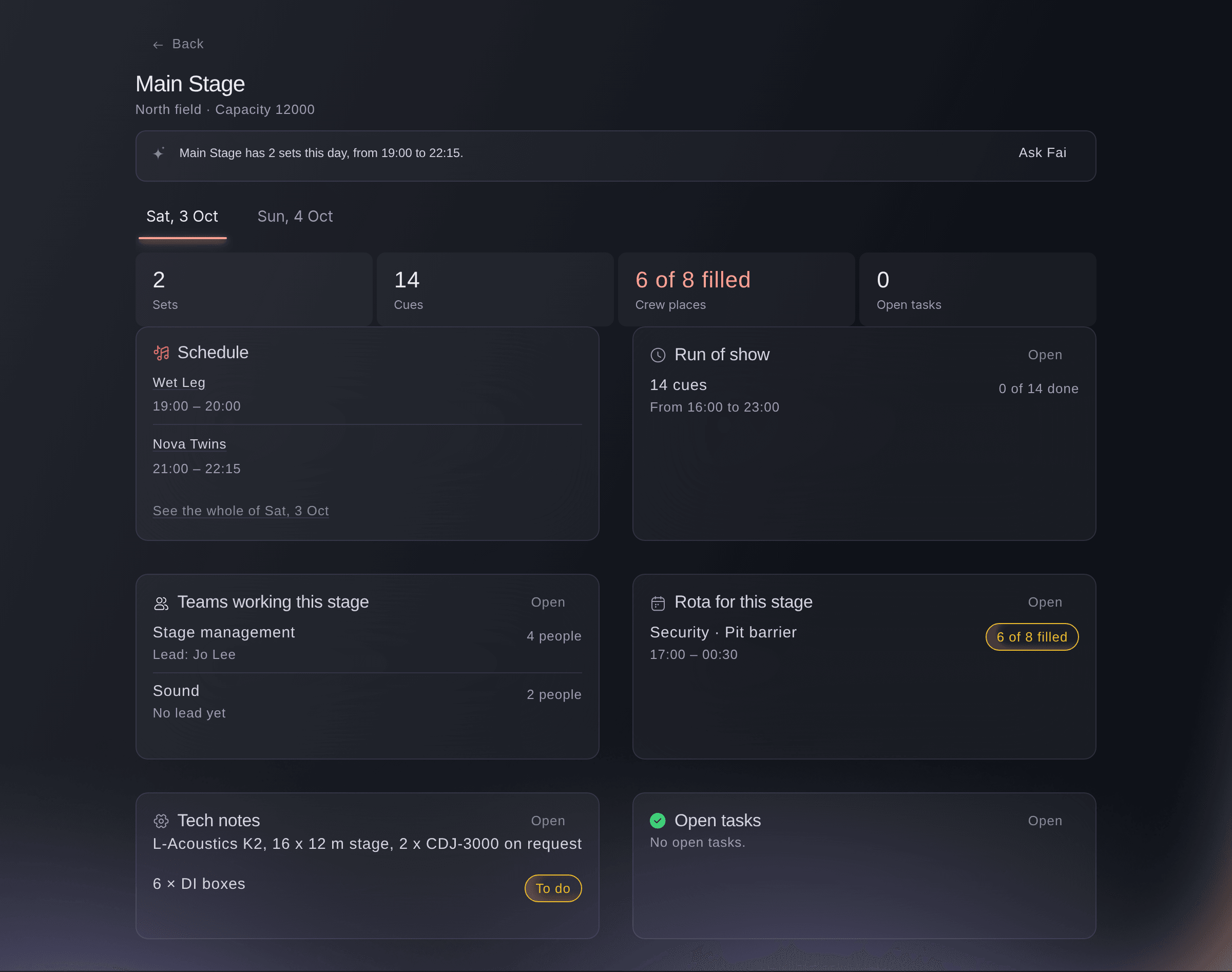 Ticket Fairy stage page for the Main Stage on one day, with its sets, run of show, teams, rota and tech notes