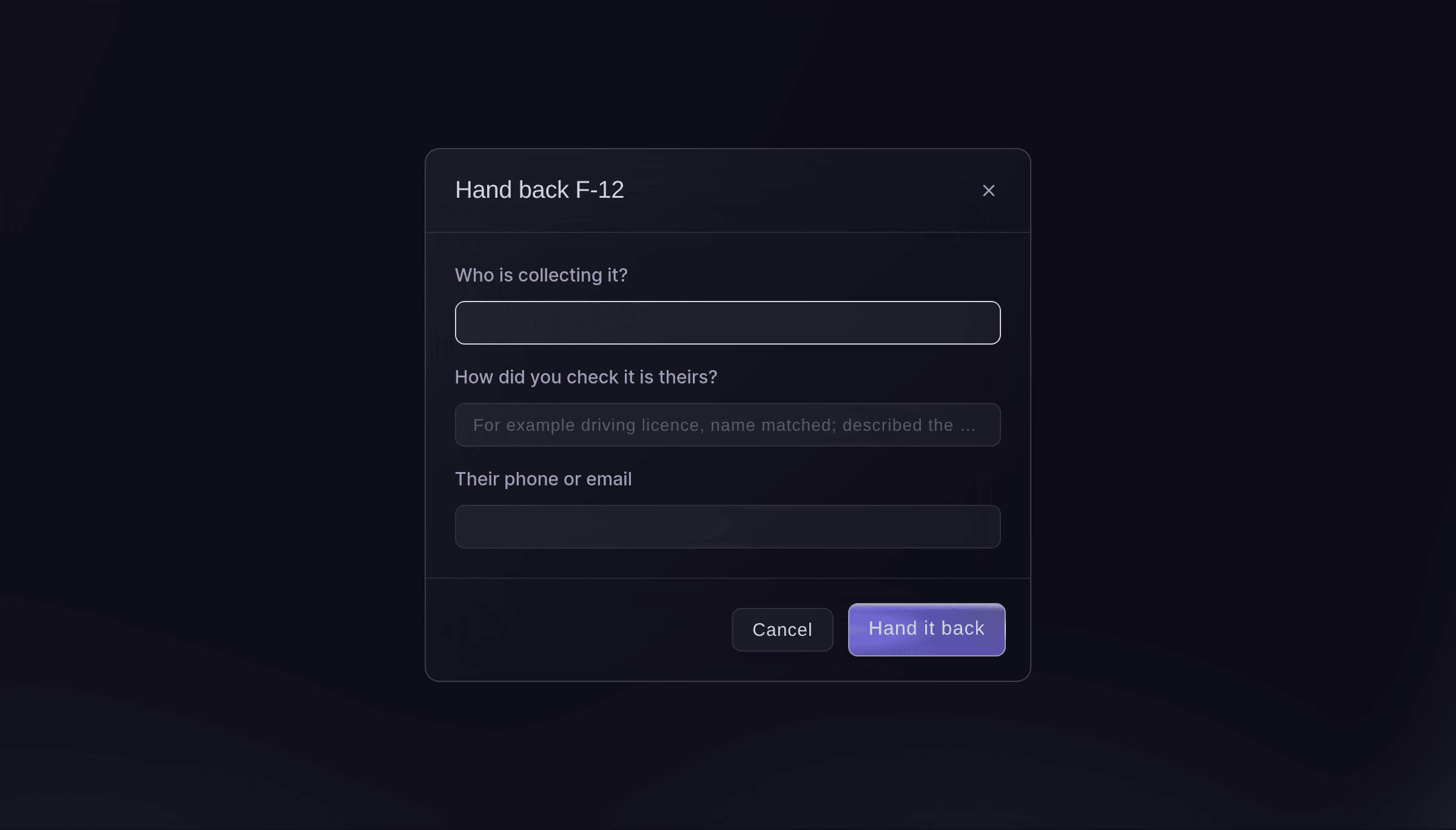 Ticket Fairy dialog to hand back a found item, with who is collecting it and how you checked it is theirs