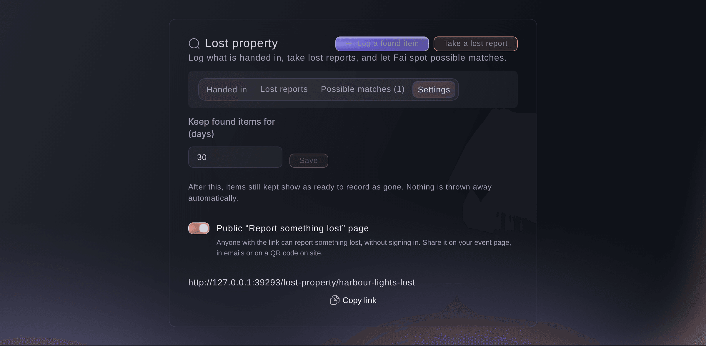 Ticket Fairy lost property settings with how long to keep found items and the public report page turned on with its link