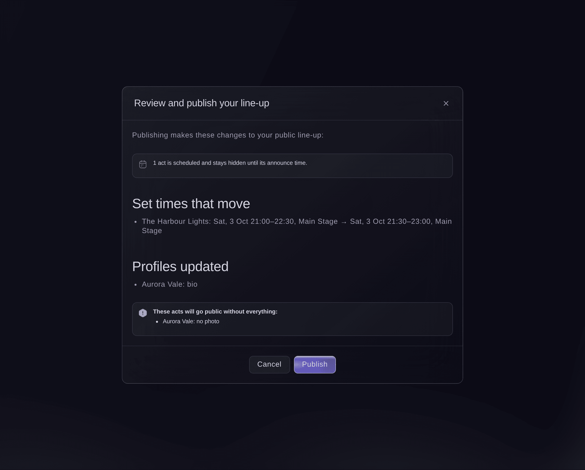Ticket Fairy Review and publish your line-up dialog listing a set time that moves, a profile update and an act going public without a photo