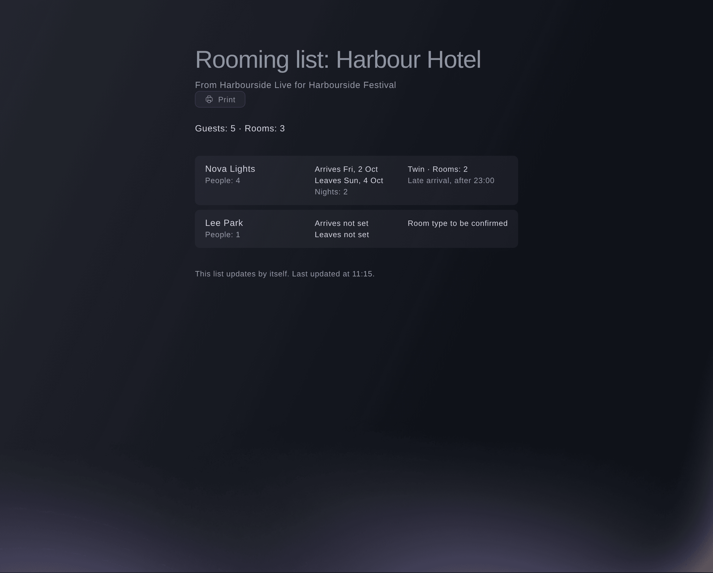 Ticket Fairy rooming list page a hotel opens from the link, with each guest's arrival, departure, nights and room