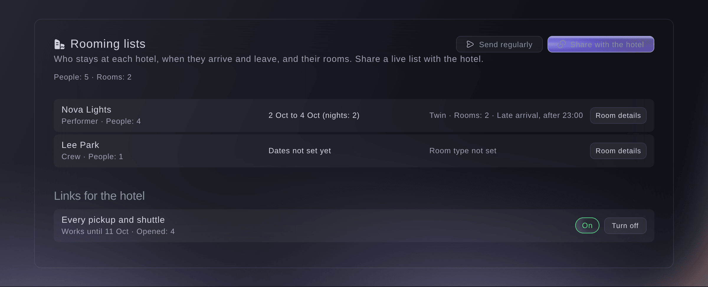 Ticket Fairy rooming list for a hotel, with each performer and crew member, their dates, nights, room type and rooms