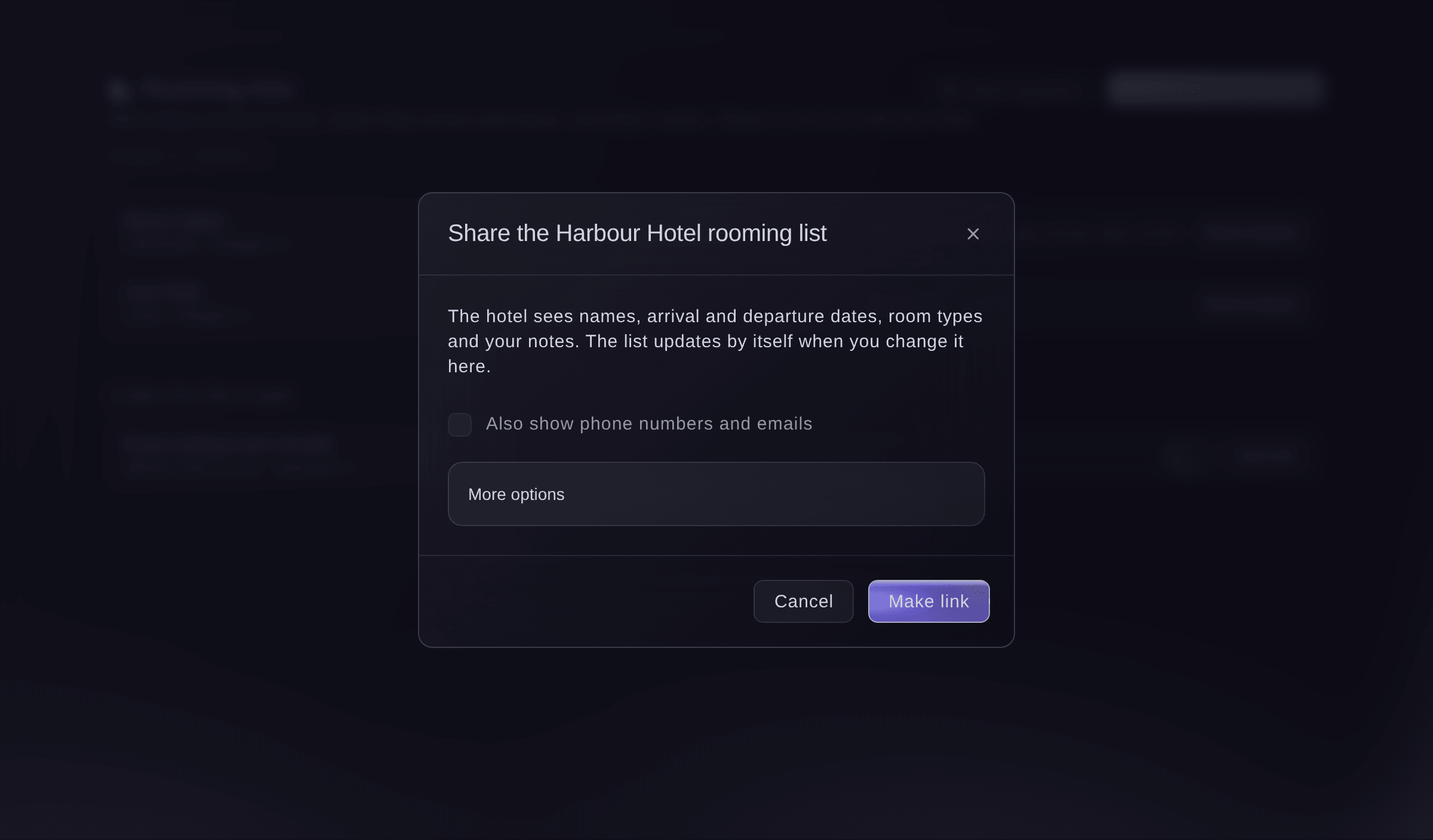 Ticket Fairy dialog to share a hotel's rooming list, saying what the hotel sees, with the choice to show contact details