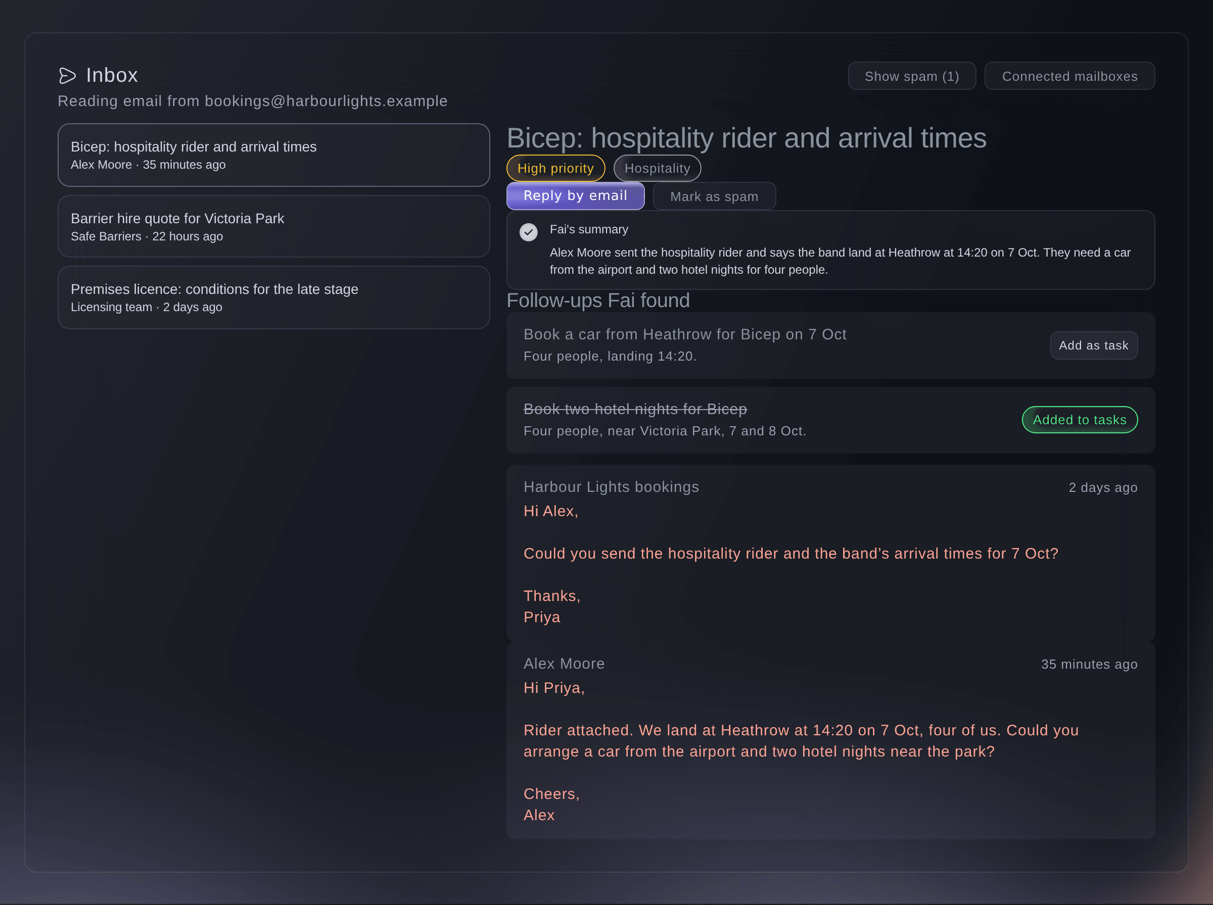 Ticket Fairy event Inbox with a list of conversations and one open, showing Fai's summary, the follow-ups she found and the messages