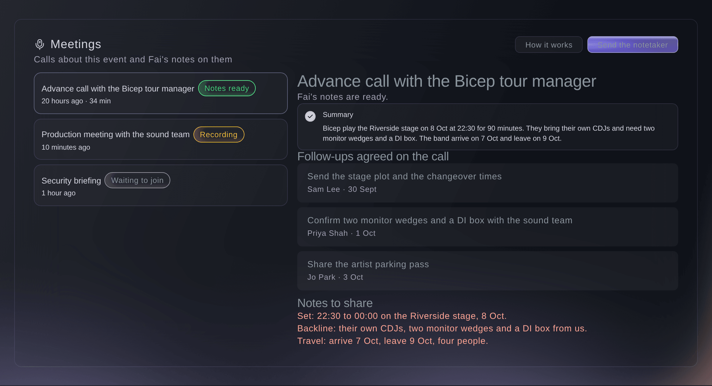Ticket Fairy event Meetings with three calls and one open, showing the summary, the follow-ups agreed on the call and the notes to share