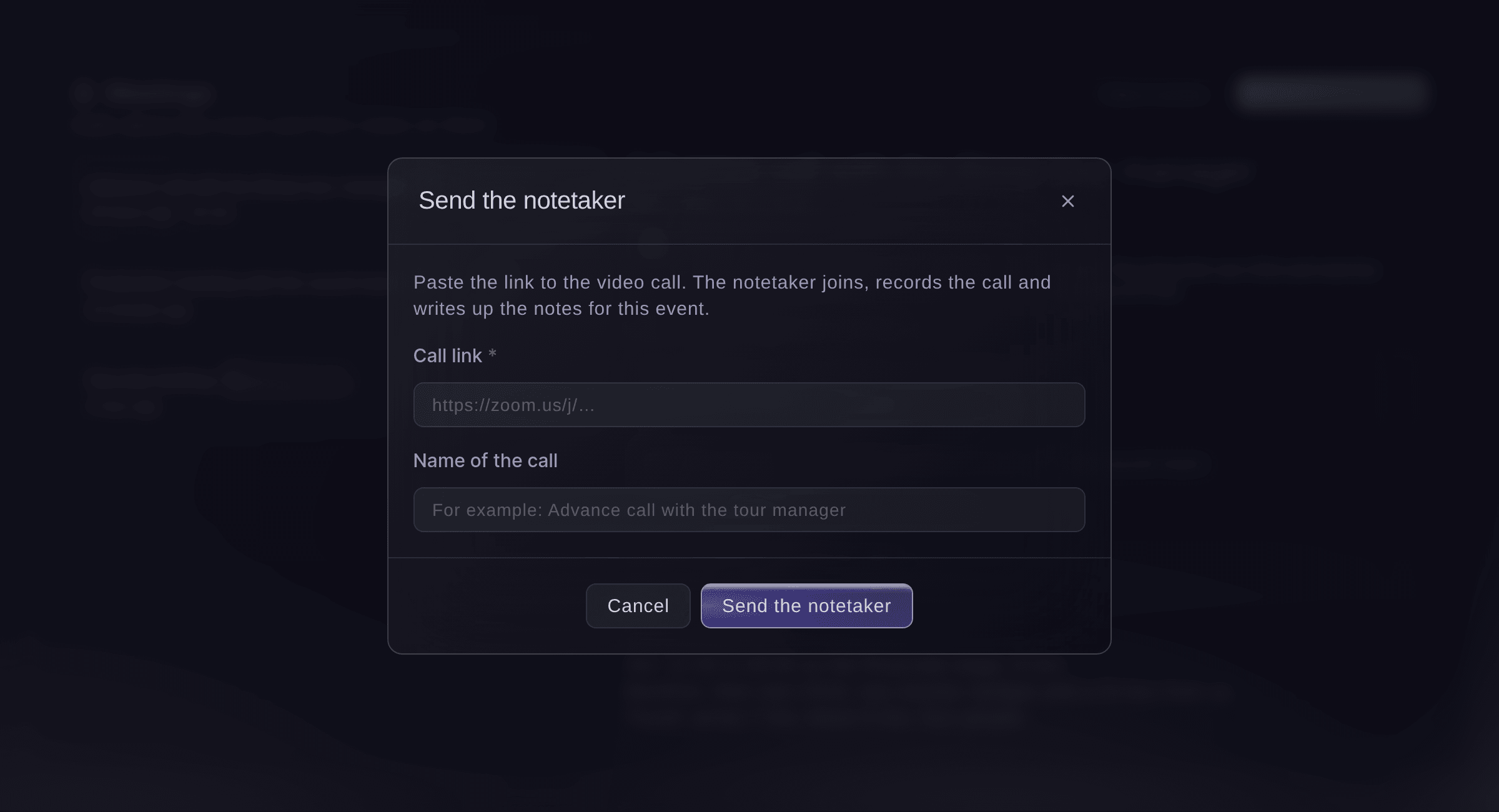 Ticket Fairy dialog for sending the notetaker to a call, with a call link and a name for the call