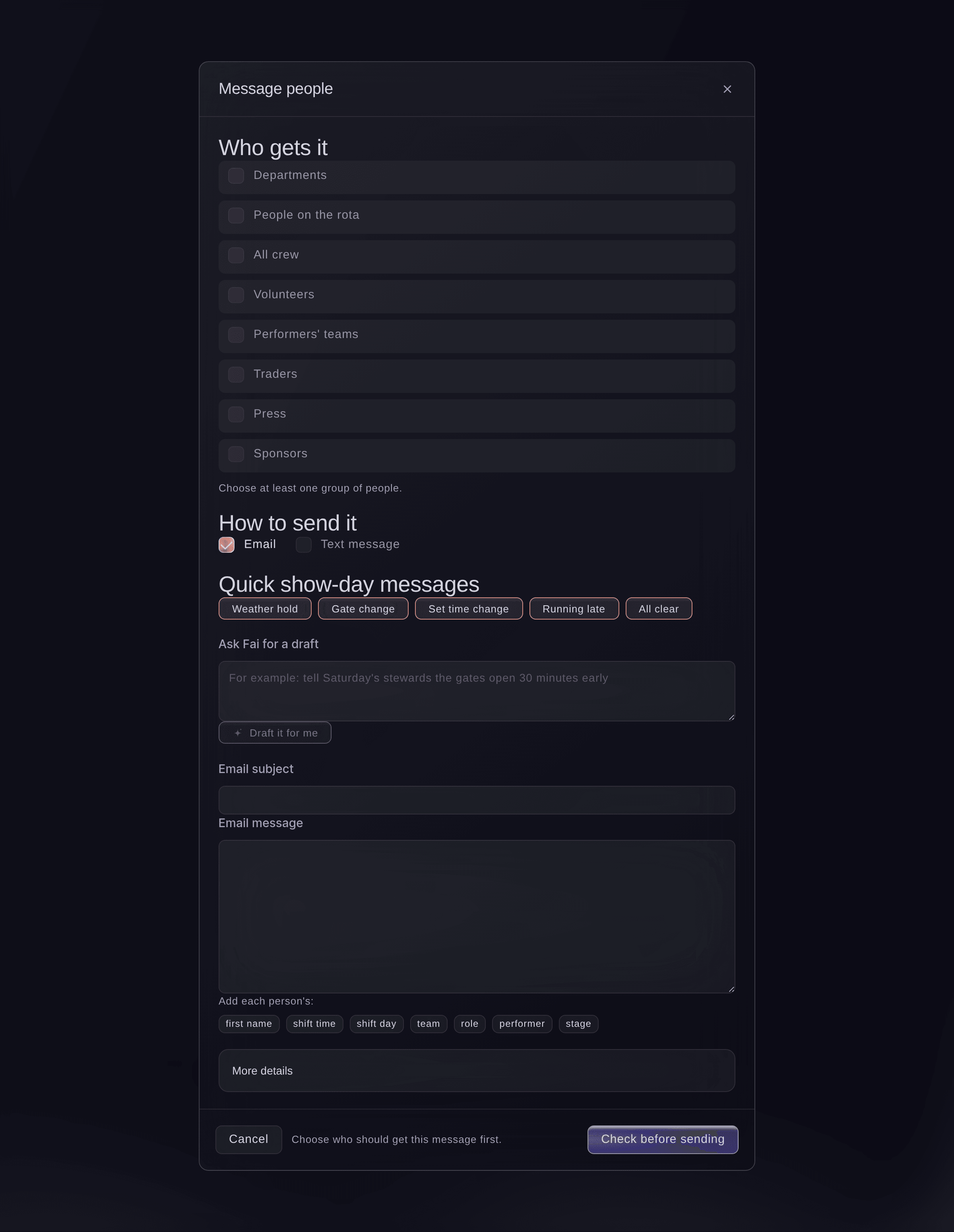 Ticket Fairy Message people dialog with the groups to choose from, email or text message, quick show-day messages, a box to ask Fai for a draft and the message fields
