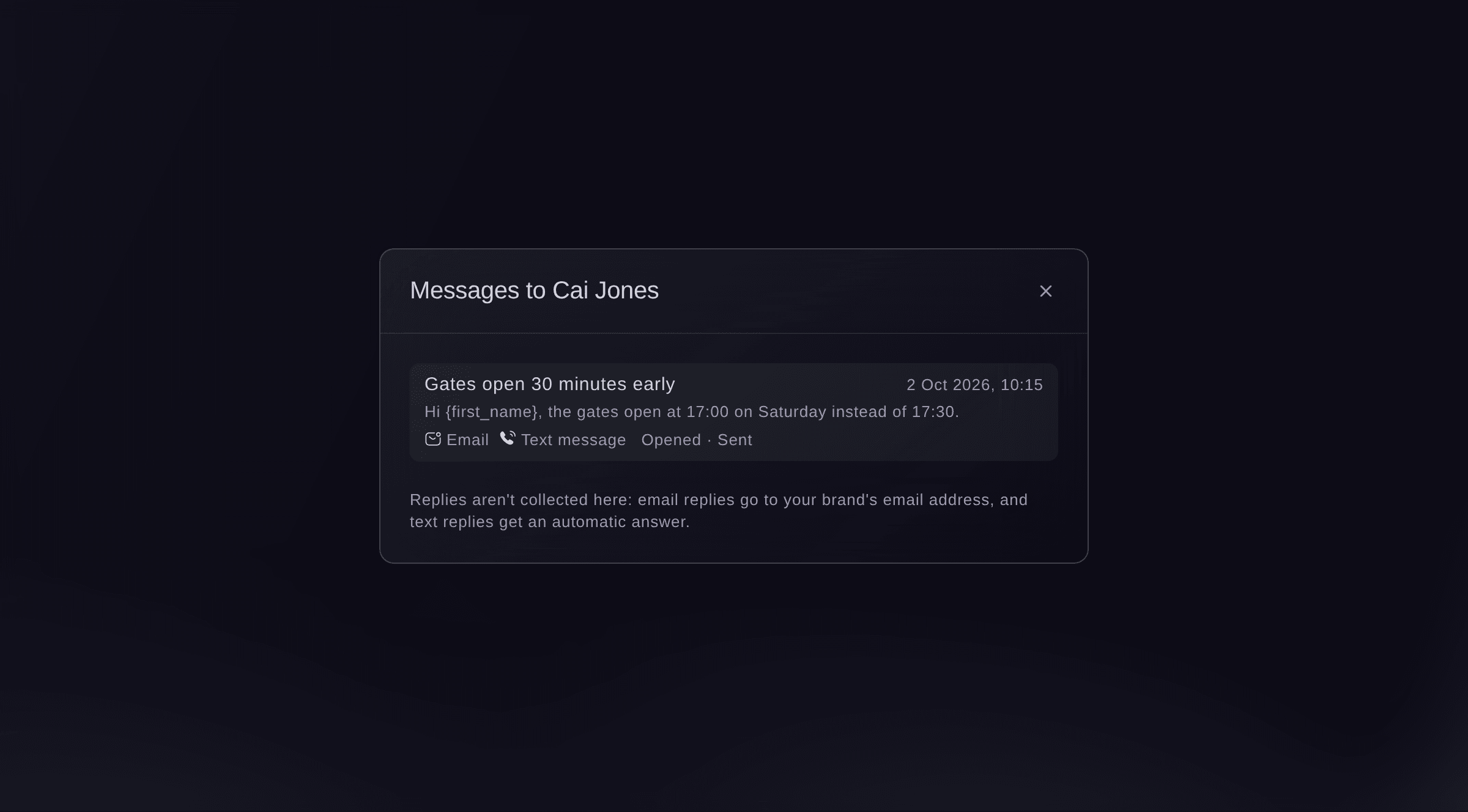 Ticket Fairy list of every message one crew member was sent about the event