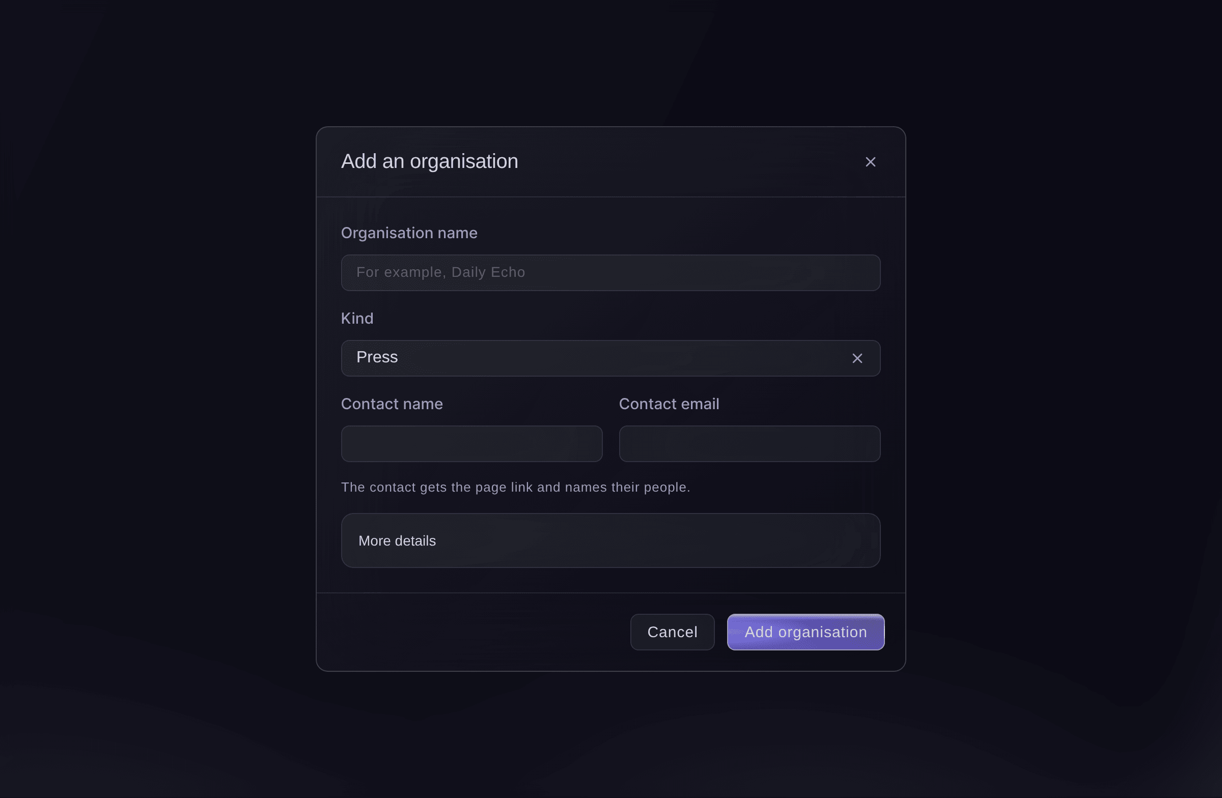 Ticket Fairy Add an organisation dialog with the organisation name, its kind and the contact who names their people