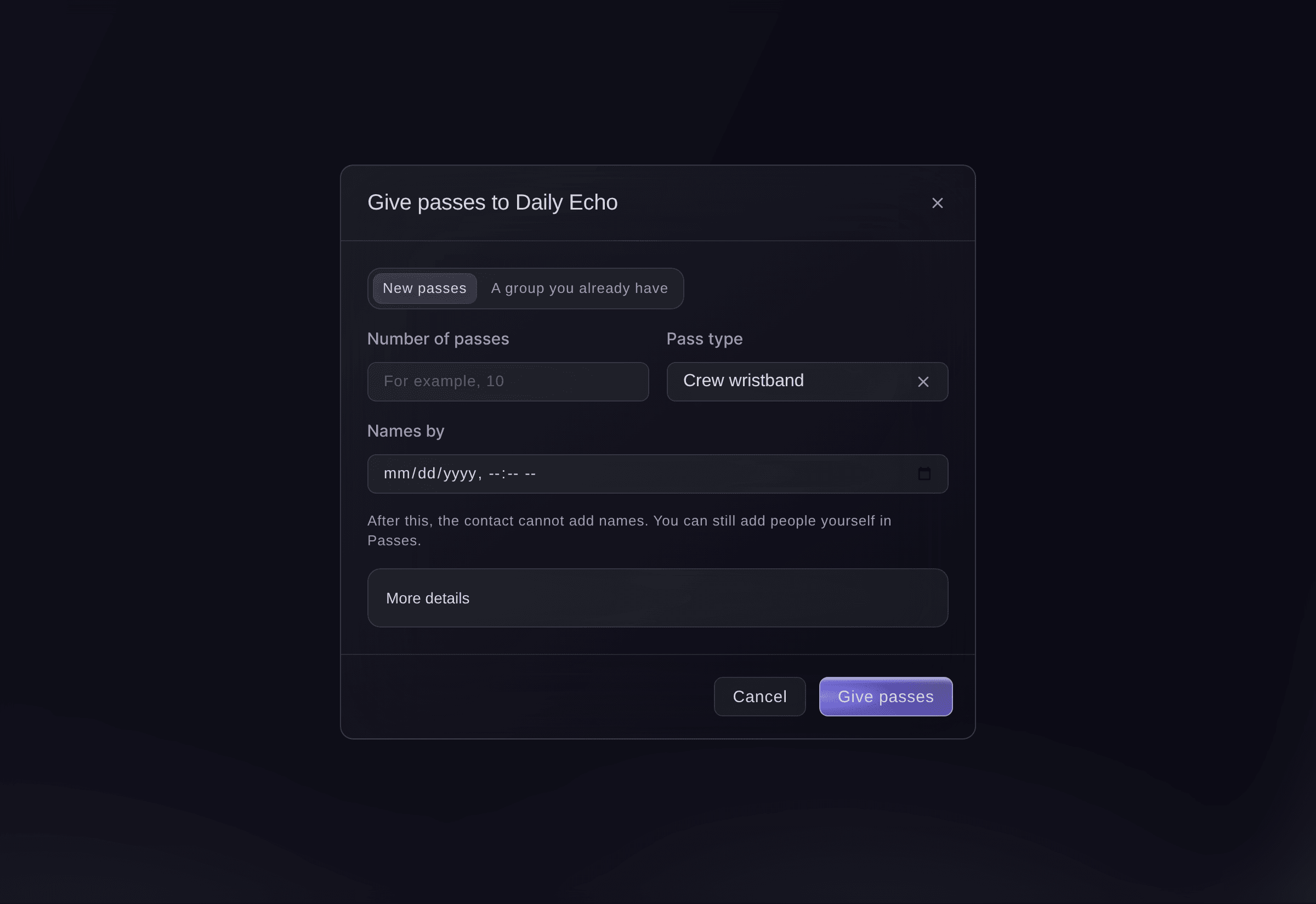 Ticket Fairy Give passes dialog for a newspaper, with the number of passes, the pass type and the date names close