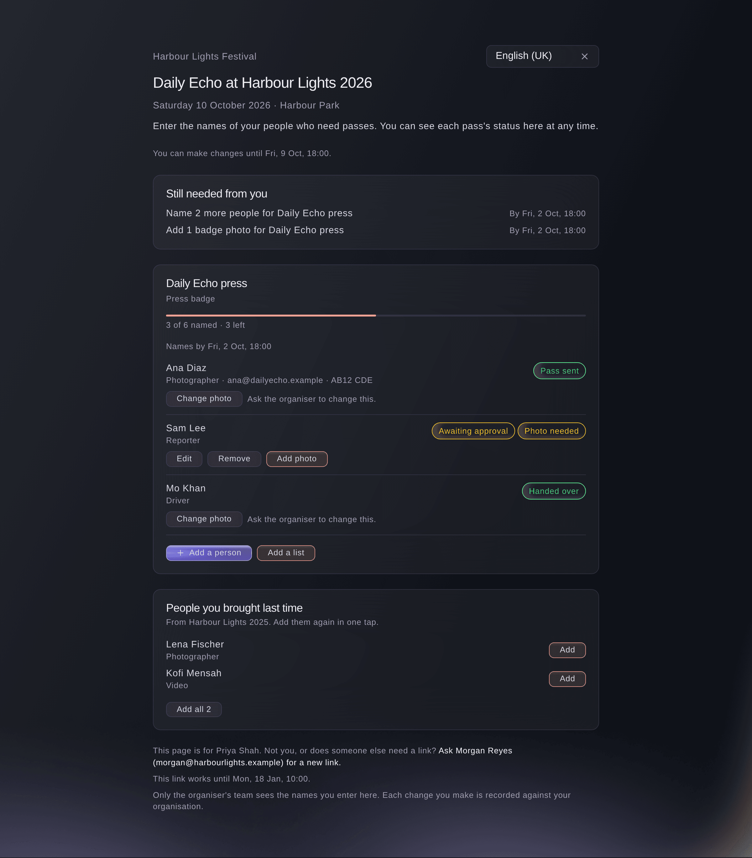 Ticket Fairy page a newspaper's contact opens from their link, with the press passes, the people named, what is still needed and a language picker