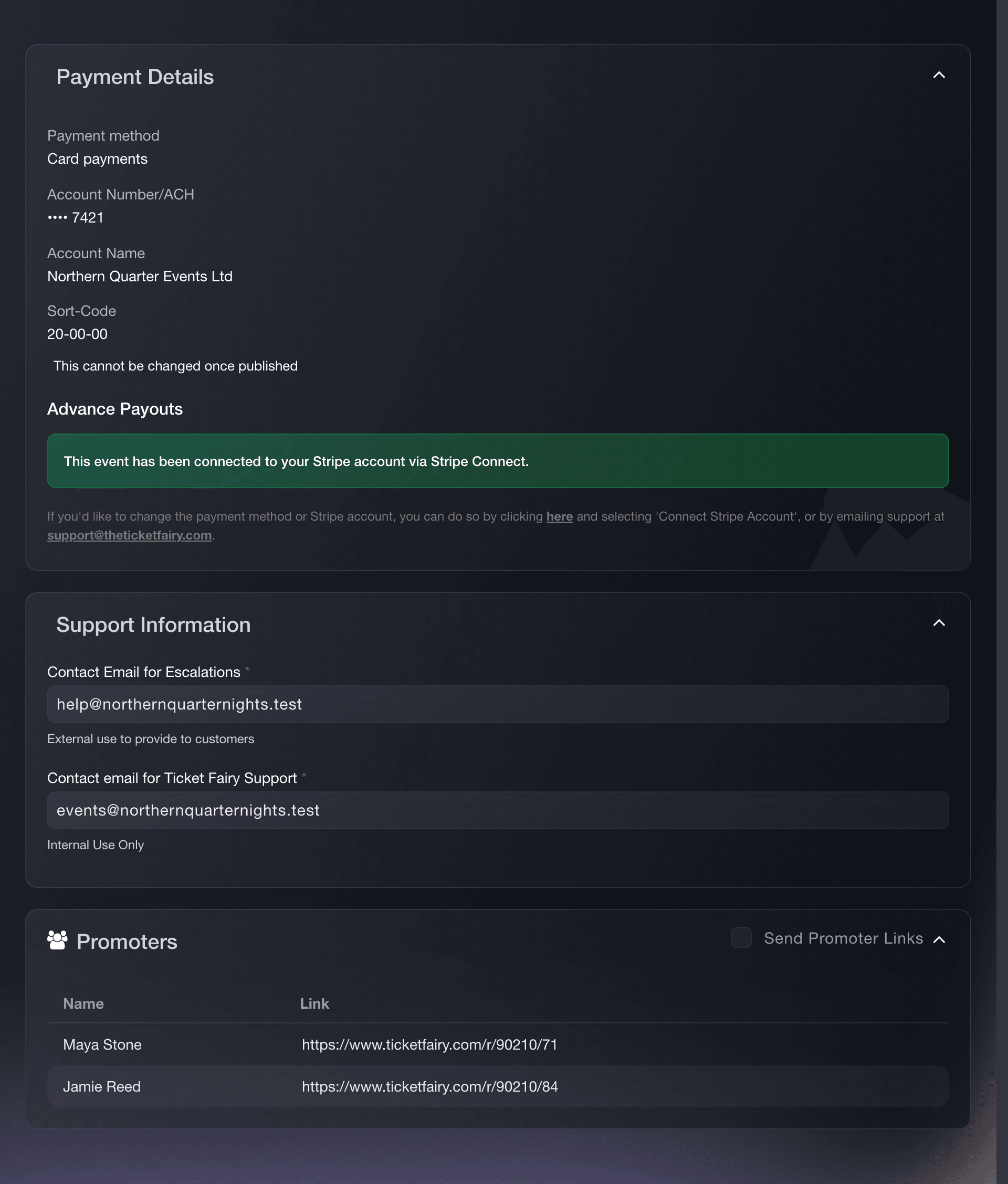 The Payment and Support step of the Ticket Fairy publish review, showing payment details, support contacts and promoter links