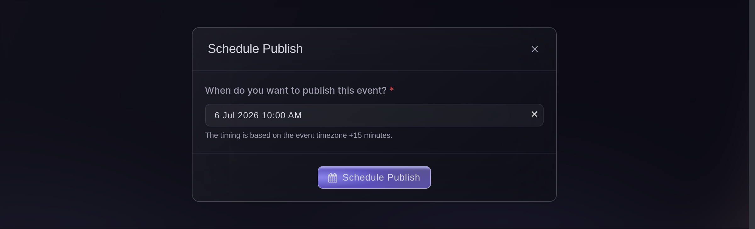 The Schedule Publish dialog in Ticket Fairy, with the date and time the event page goes public