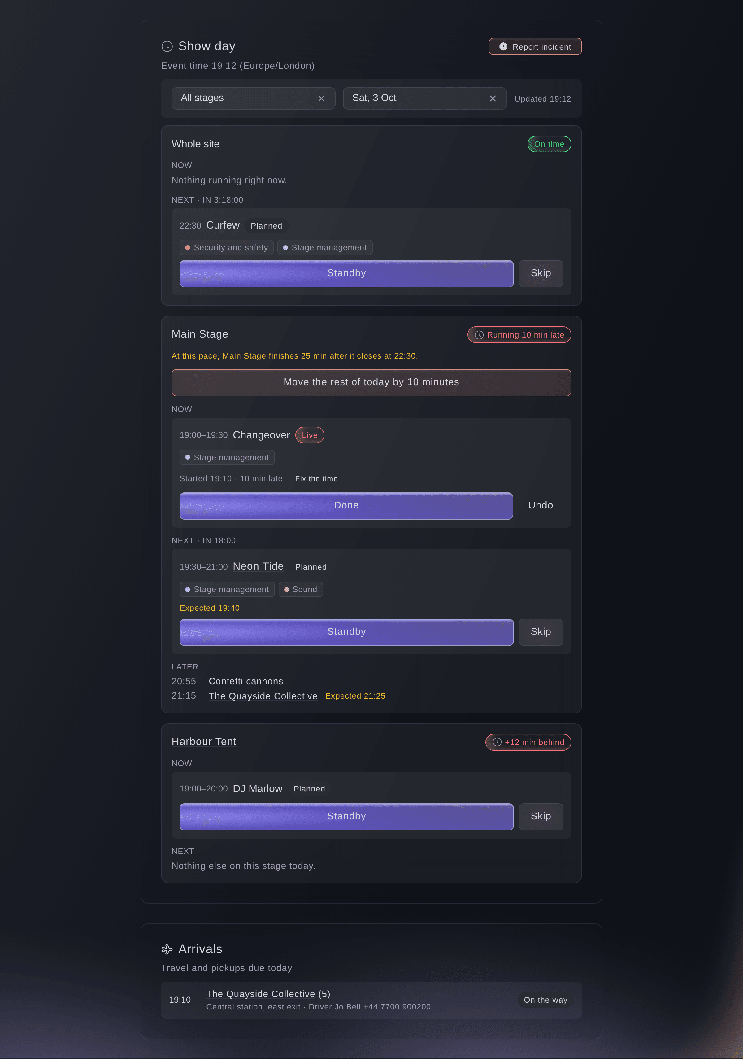 Ticket Fairy Now and next for a festival at 19:12, with the Main Stage running 10 minutes late, when each set really started and when the next is expected, and a warning that the stage will finish after its curfew