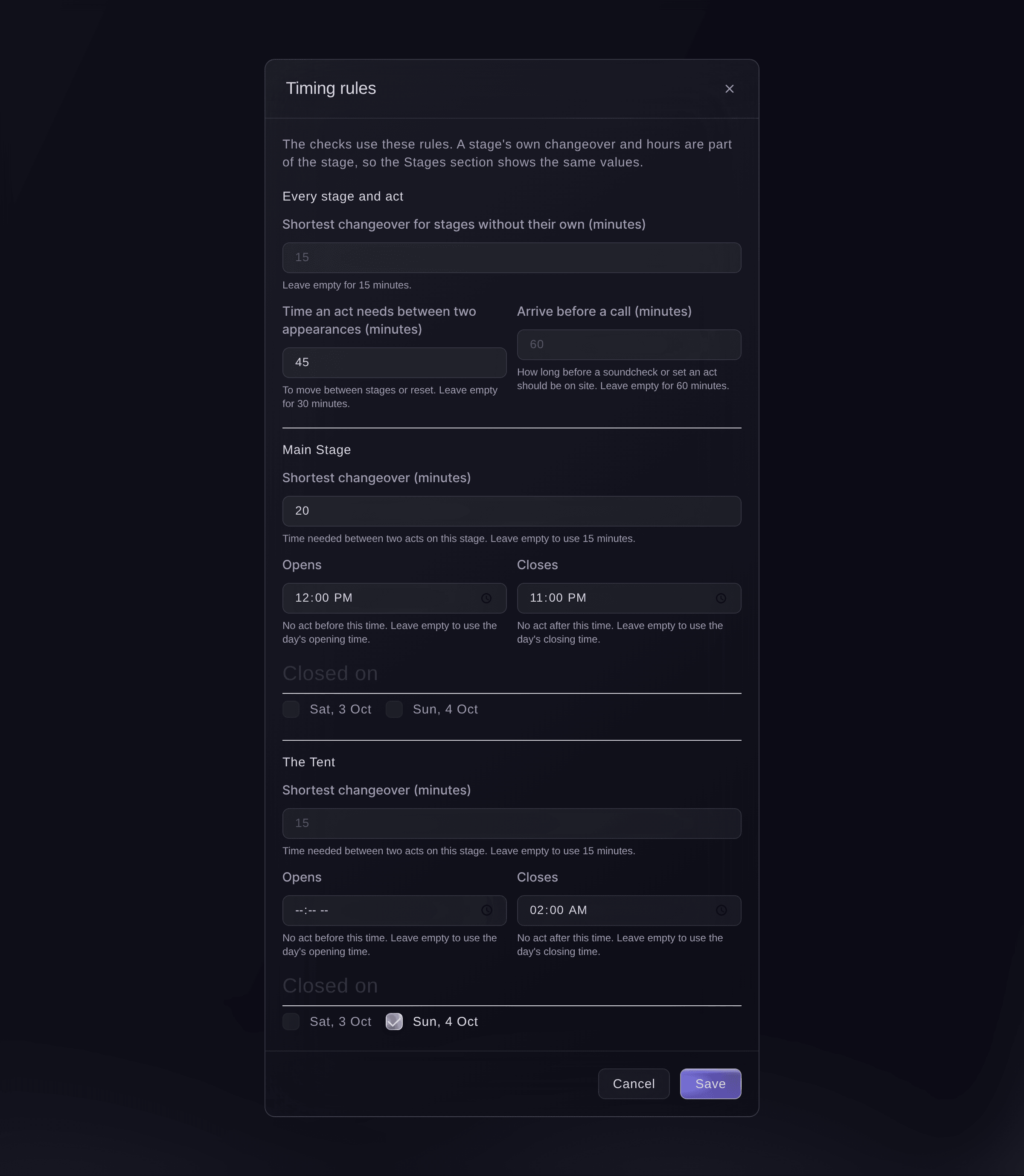 Ticket Fairy timing rules dialog with the event's default changeover, act turnaround and arrival time, and each stage's changeover, hours and closed days