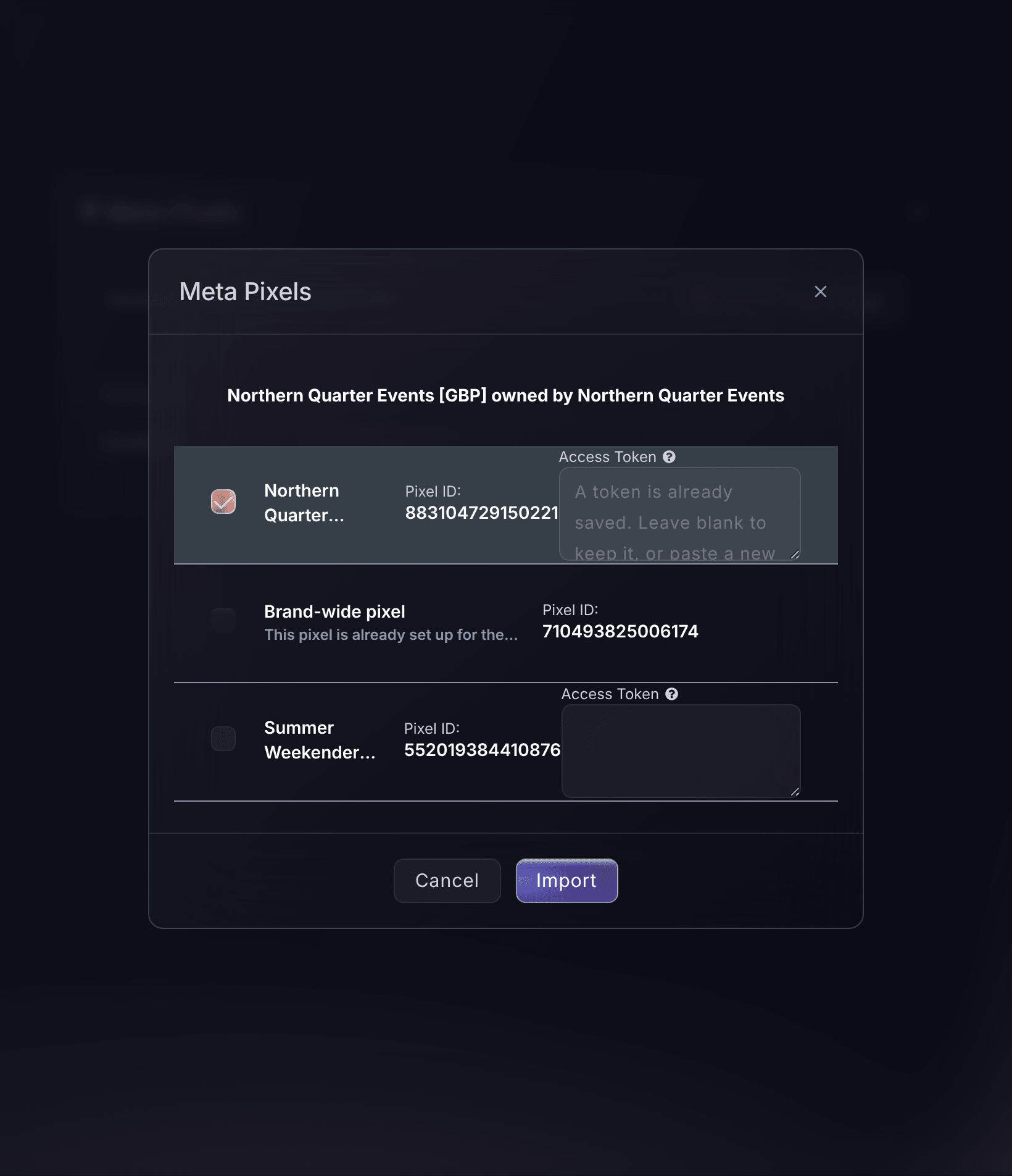 The Meta Pixels dialog in Ticket Fairy, listing the pixels in a Meta ad account, with the brand's own pixel locked