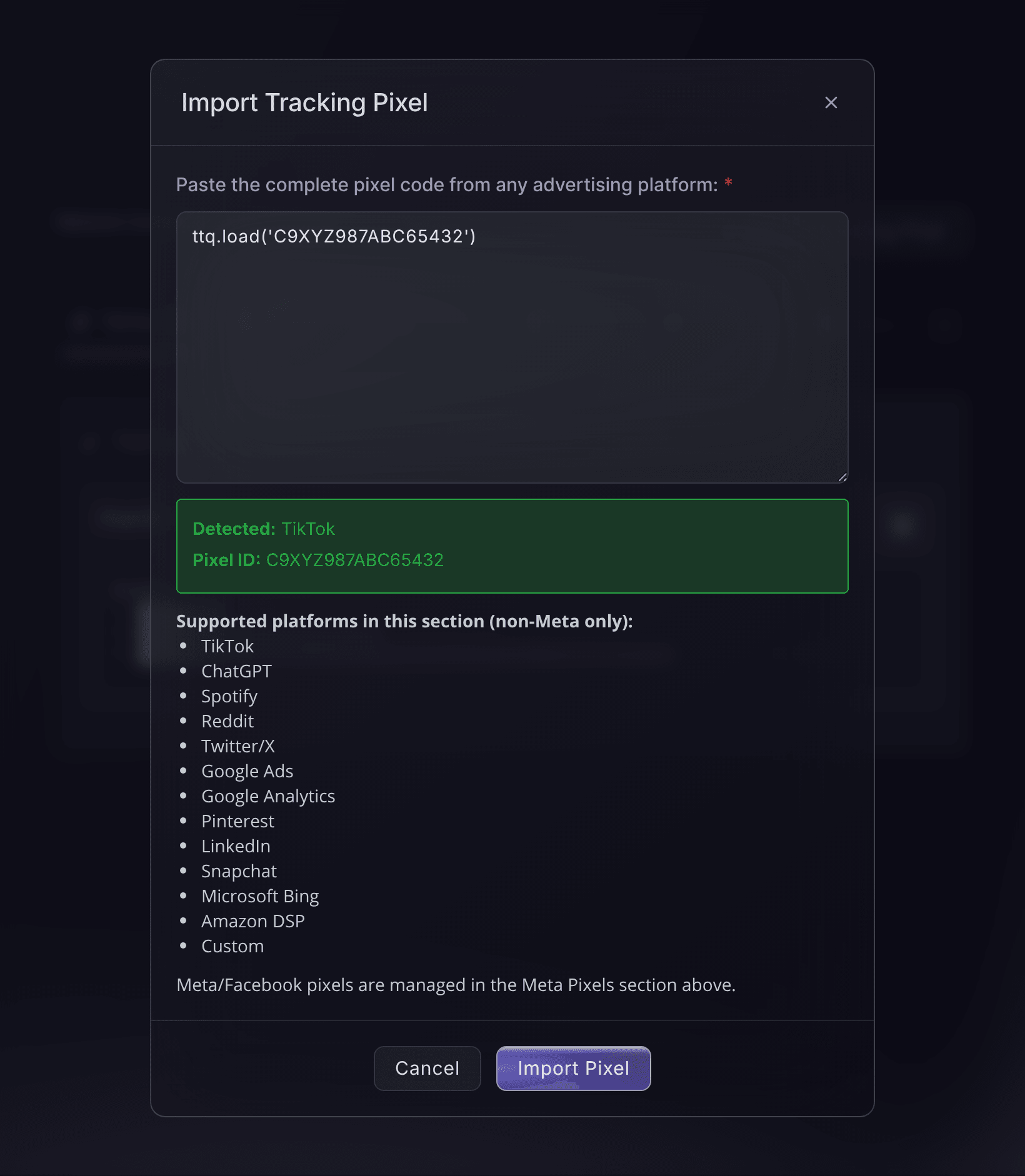 The Import Tracking Pixel dialog in Ticket Fairy, with pasted TikTok code and the detected pixel ID