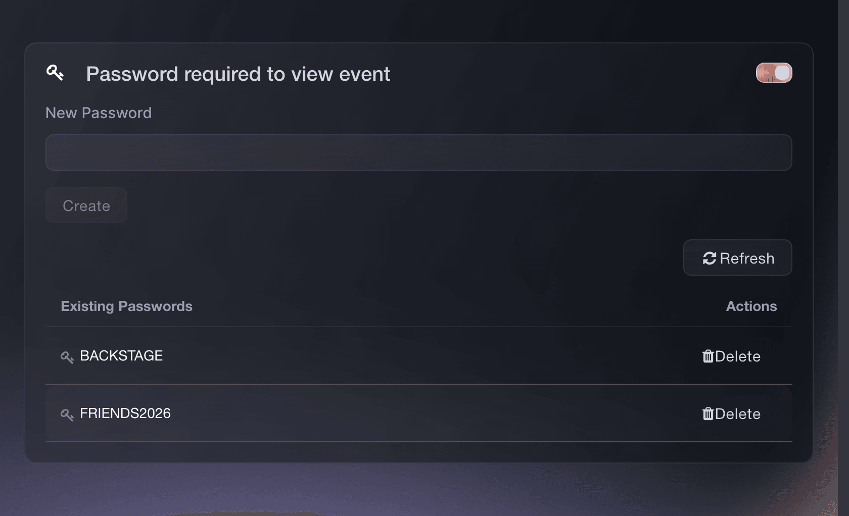 Ticket Fairy event settings with Password required to view event enabled and two existing passwords