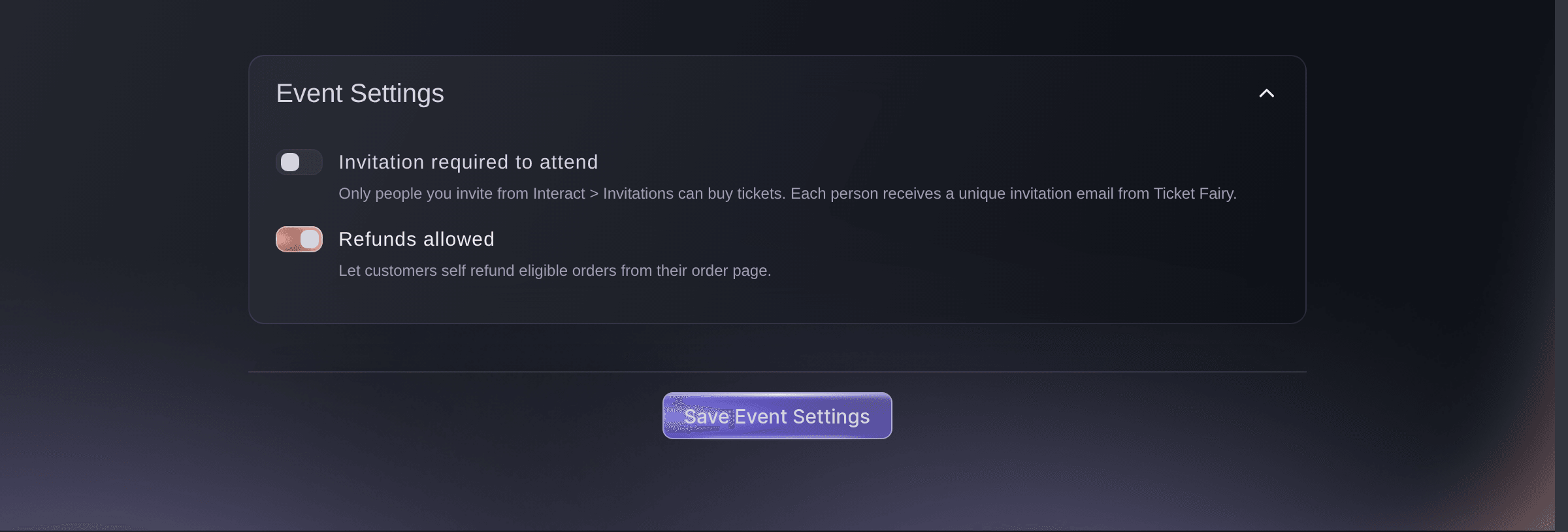 The Refunds allowed option on the event settings grid, with its note about buyers refunding eligible orders from their order page