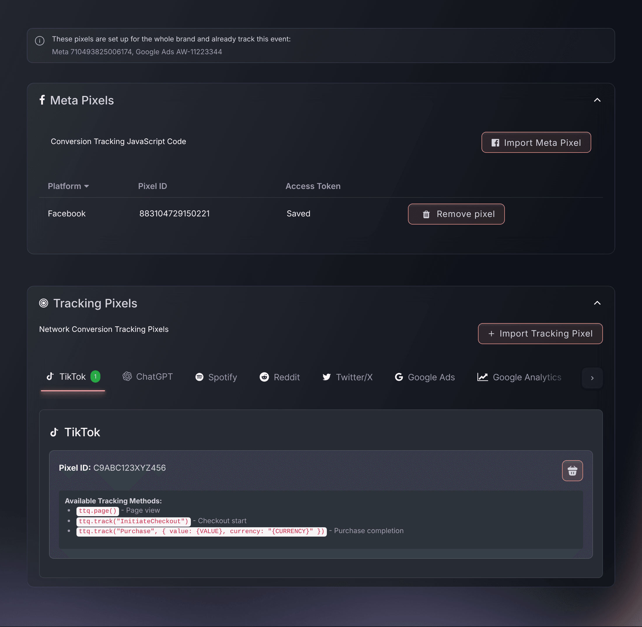 The Meta Pixels and Tracking Pixels cards on an event's Settings page in Ticket Fairy, with the brand's pixels listed above them