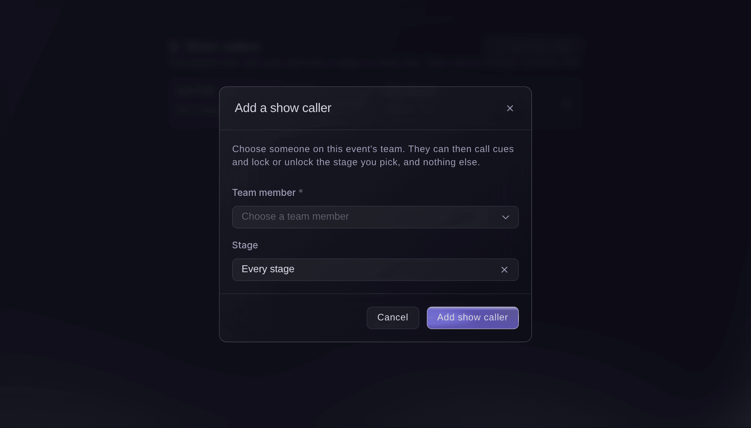 Ticket Fairy Add a show caller dialog with a team member and the stage they call