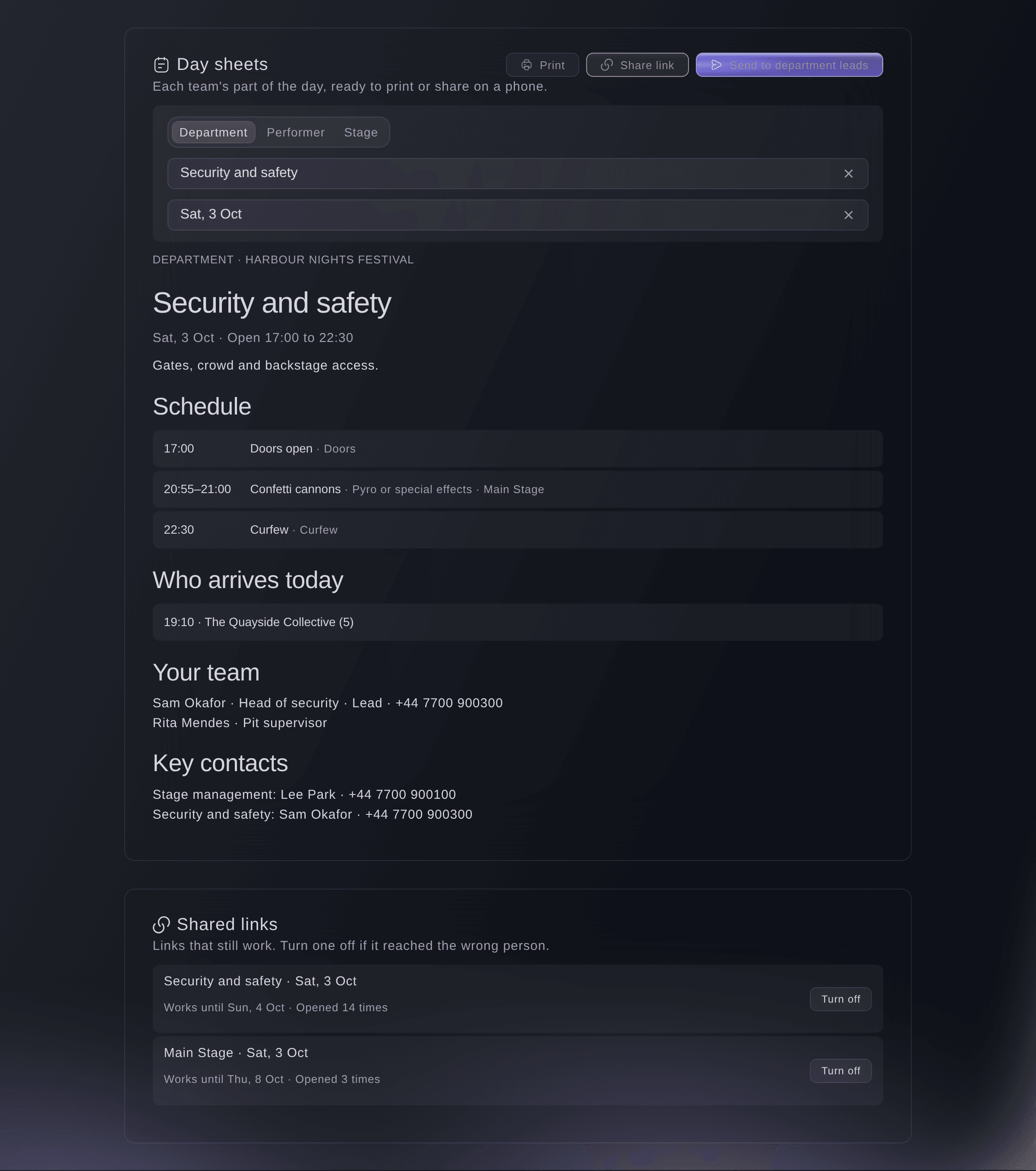 Ticket Fairy day sheet for a festival's security team on Saturday, with its cues, arrivals, team and key contacts, and the links shared so far