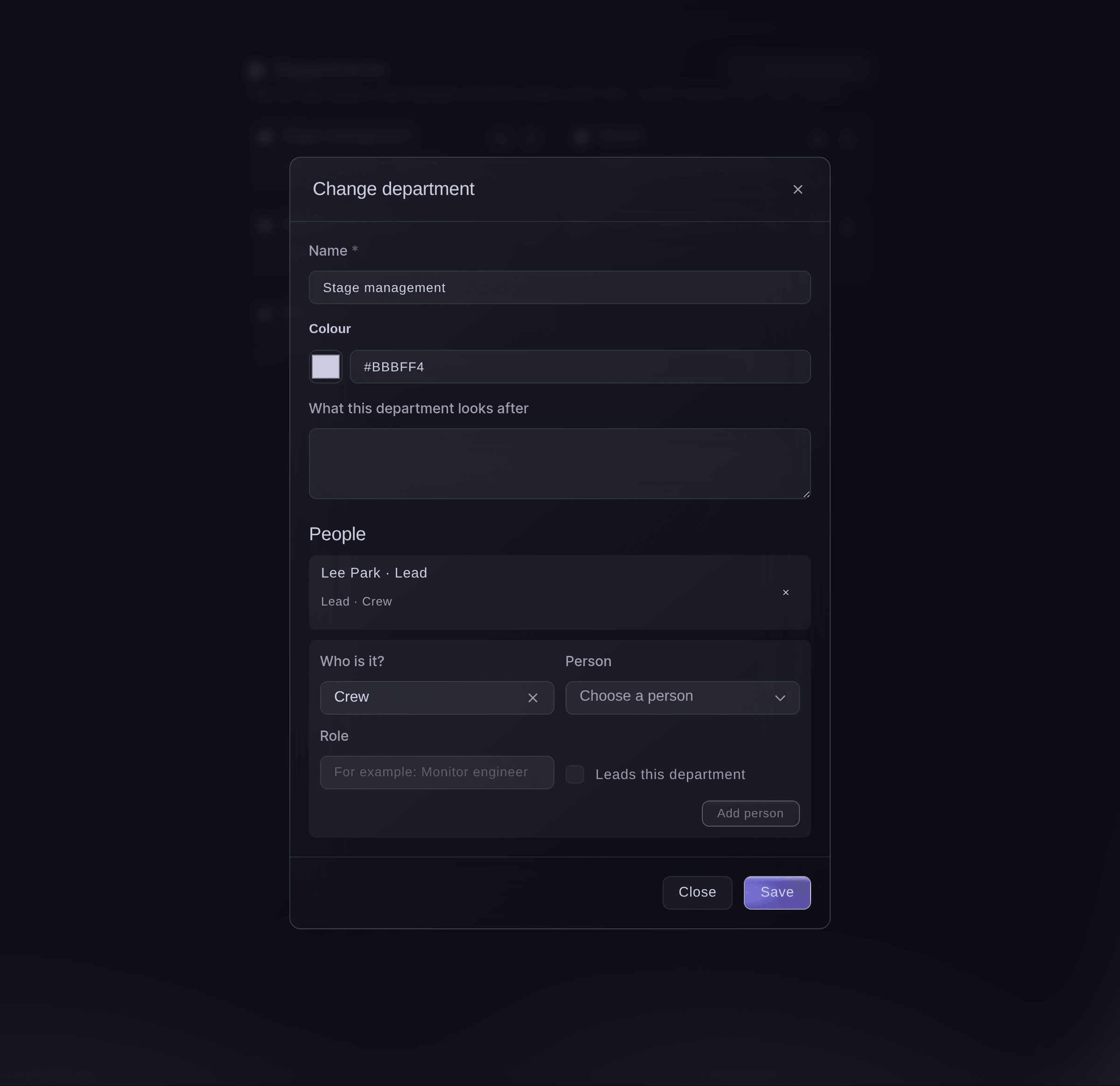 Ticket Fairy department dialog with its name, colour, description, people and a form to add a person and make them lead