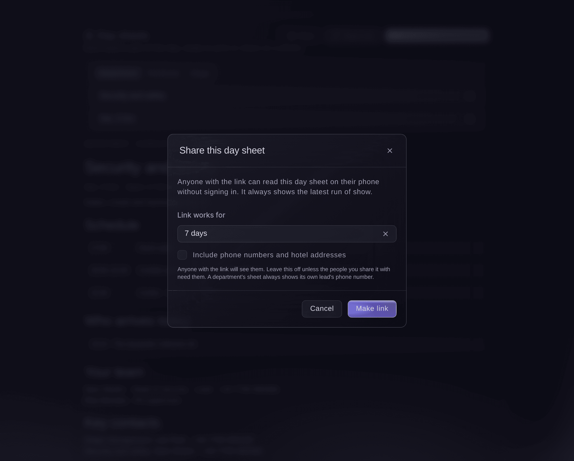Ticket Fairy Share this day sheet dialog with how long the link works and a tick box for phone numbers and hotel addresses