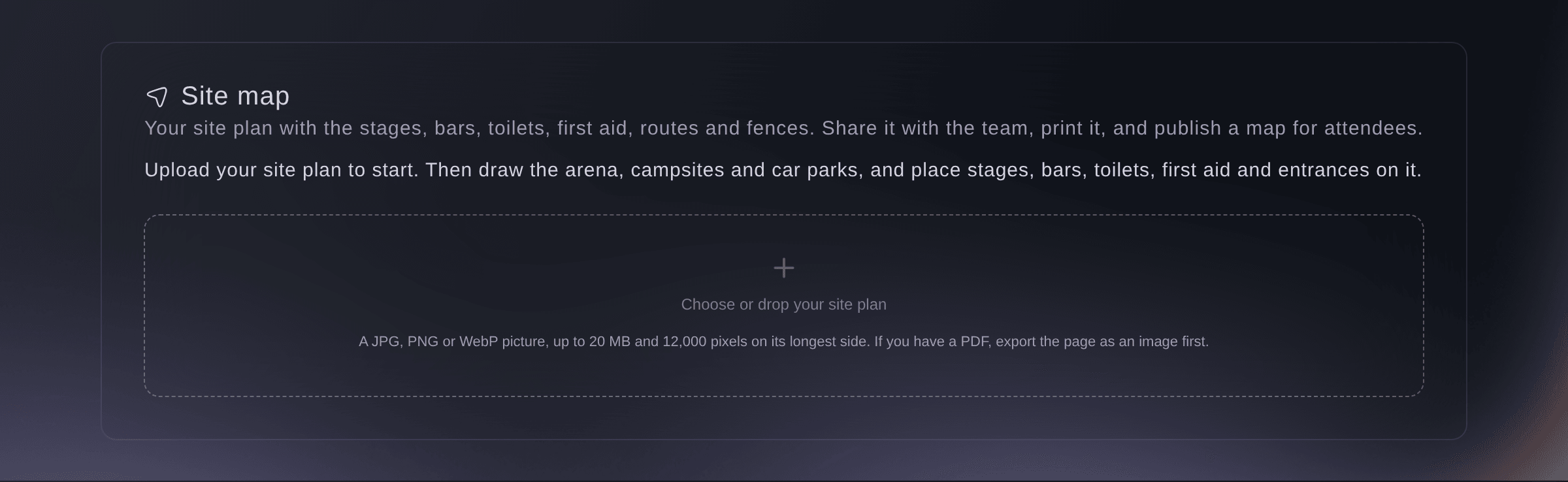 Ticket Fairy Site map section with no plan yet, and the place to choose or drop your site plan