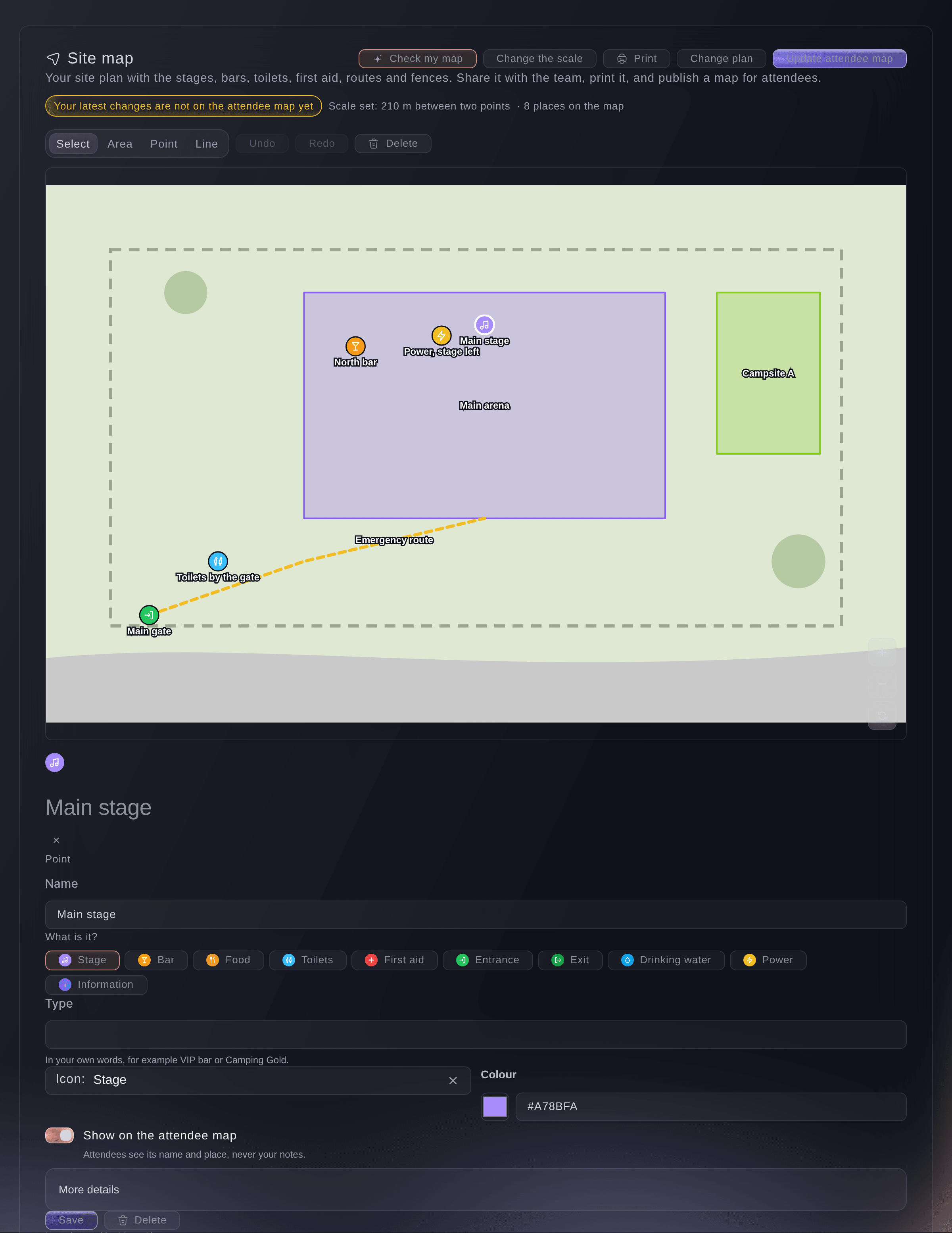 Ticket Fairy site map with the main stage selected and its details: name, type, icon, whether attendees see it and the stage it is linked to