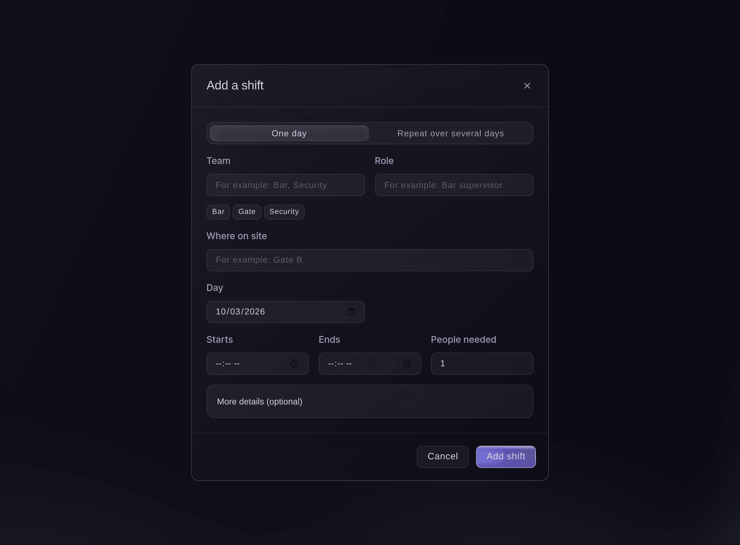 Ticket Fairy Add a shift dialog with one day or several, team, role, place on site, times and people needed