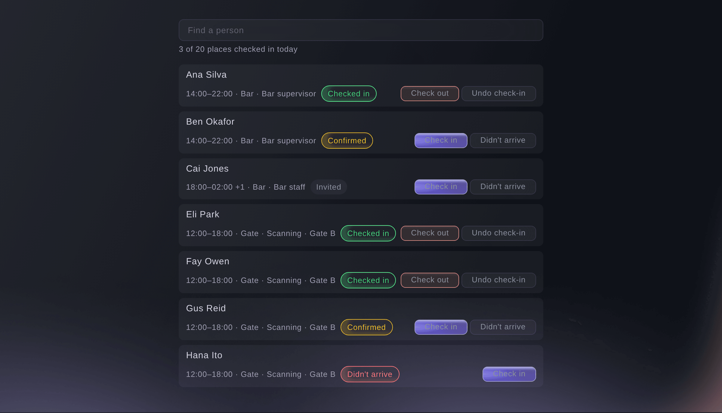 Ticket Fairy check-in list for a festival day, with each person's shift and buttons to check them in, mark them as not arrived or check them out