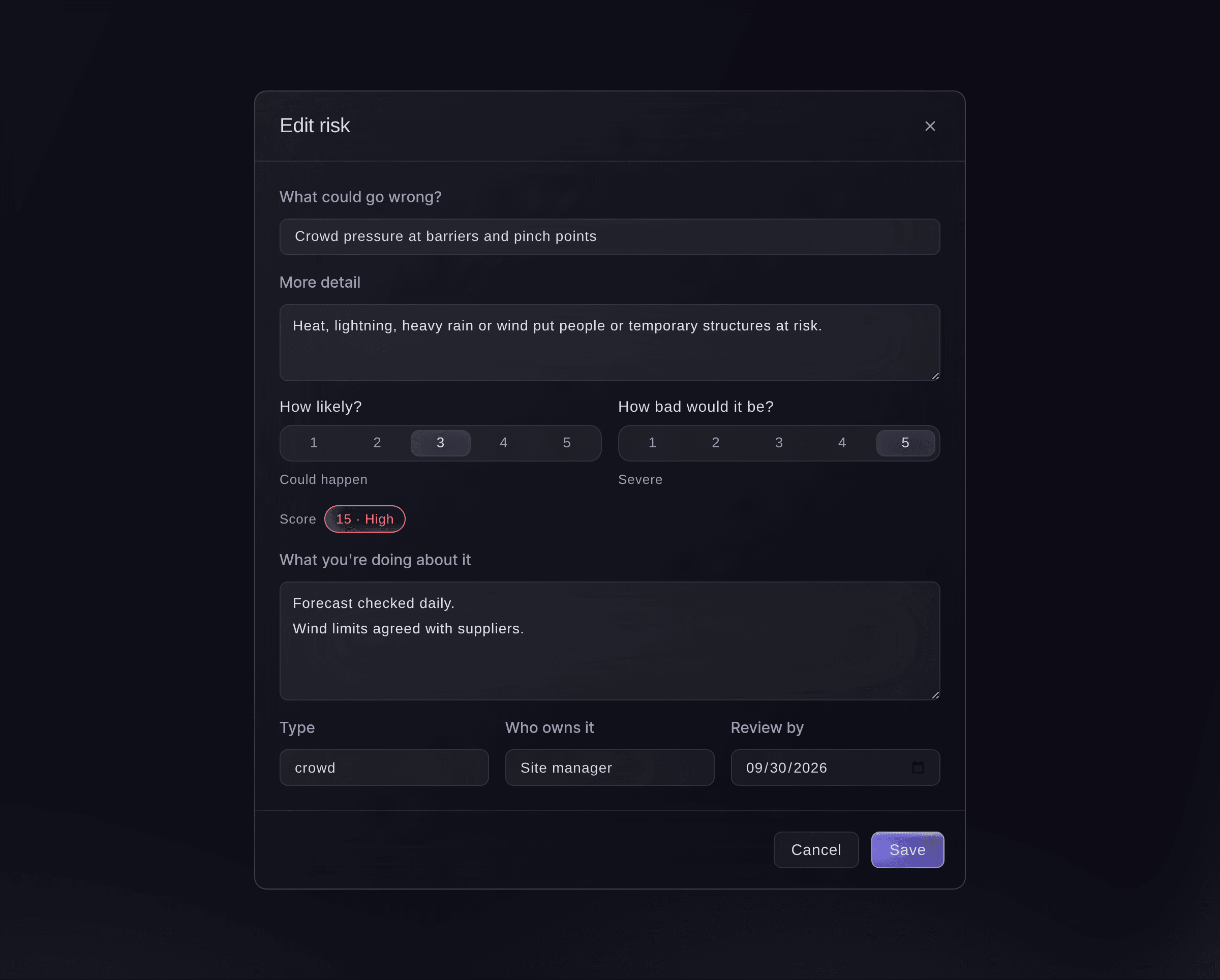 Ticket Fairy Edit risk dialog with what could go wrong, how likely, how bad, the score, what you are doing about it, type, owner and review date
