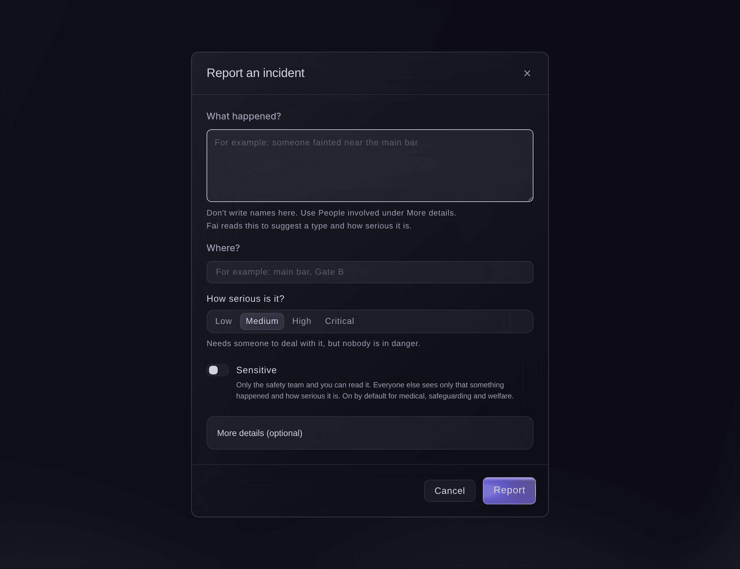 Ticket Fairy Report an incident dialog with what happened, where, how serious it is and the Sensitive switch