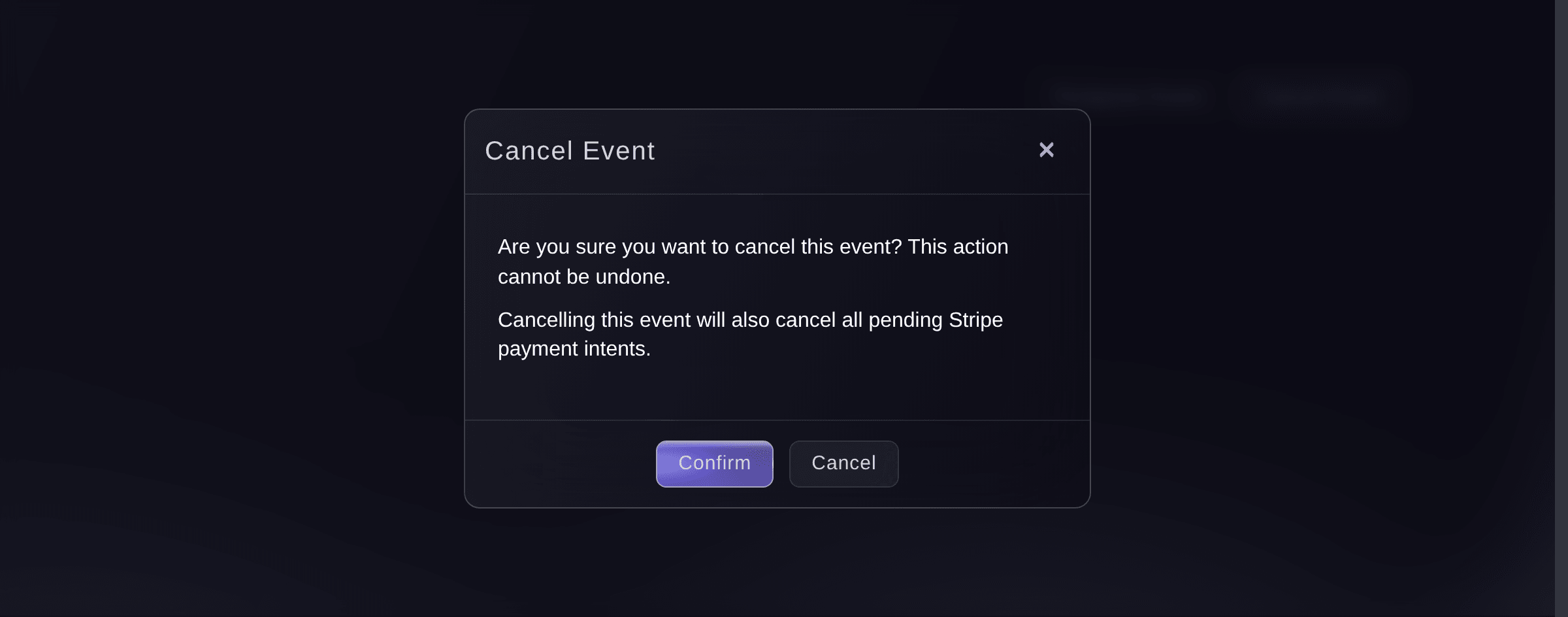 Ticket Fairy Cancel Event confirmation, warning that the action cannot be undone and that pending card payments are cancelled with it