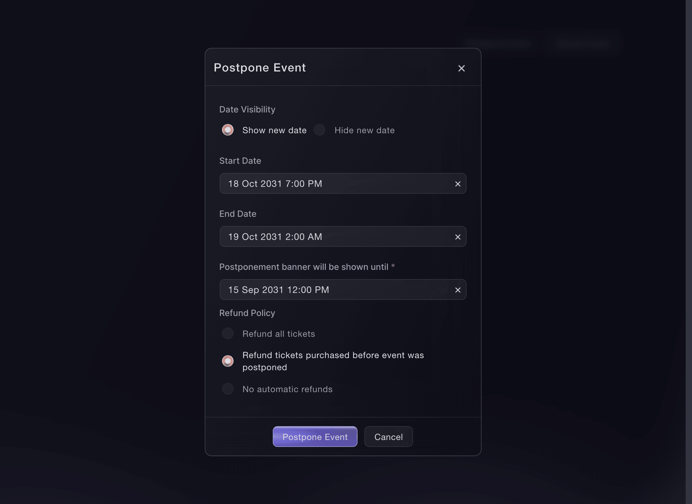 Ticket Fairy Postpone Event dialog with date visibility, new event dates, postponement banner date and refund choices