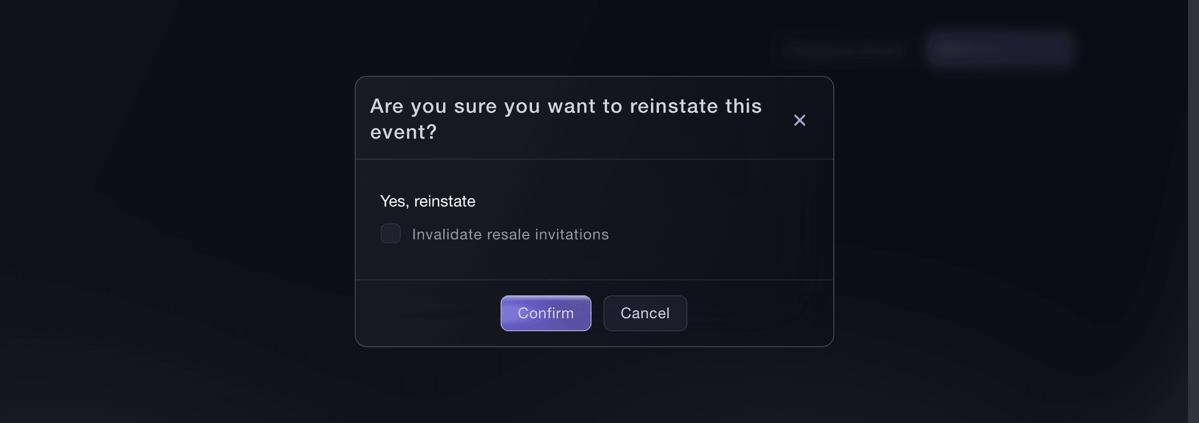 Ticket Fairy confirmation for reinstating a cancelled event, with the choice to invalidate resale invitations