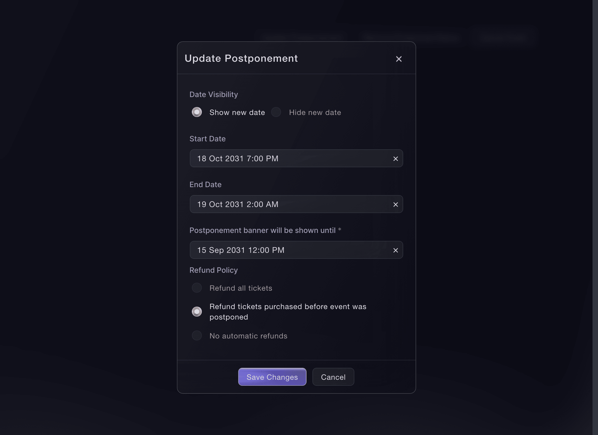 Ticket Fairy Update Postponement dialog with the current date visibility, event dates, postponement end time and refund choice